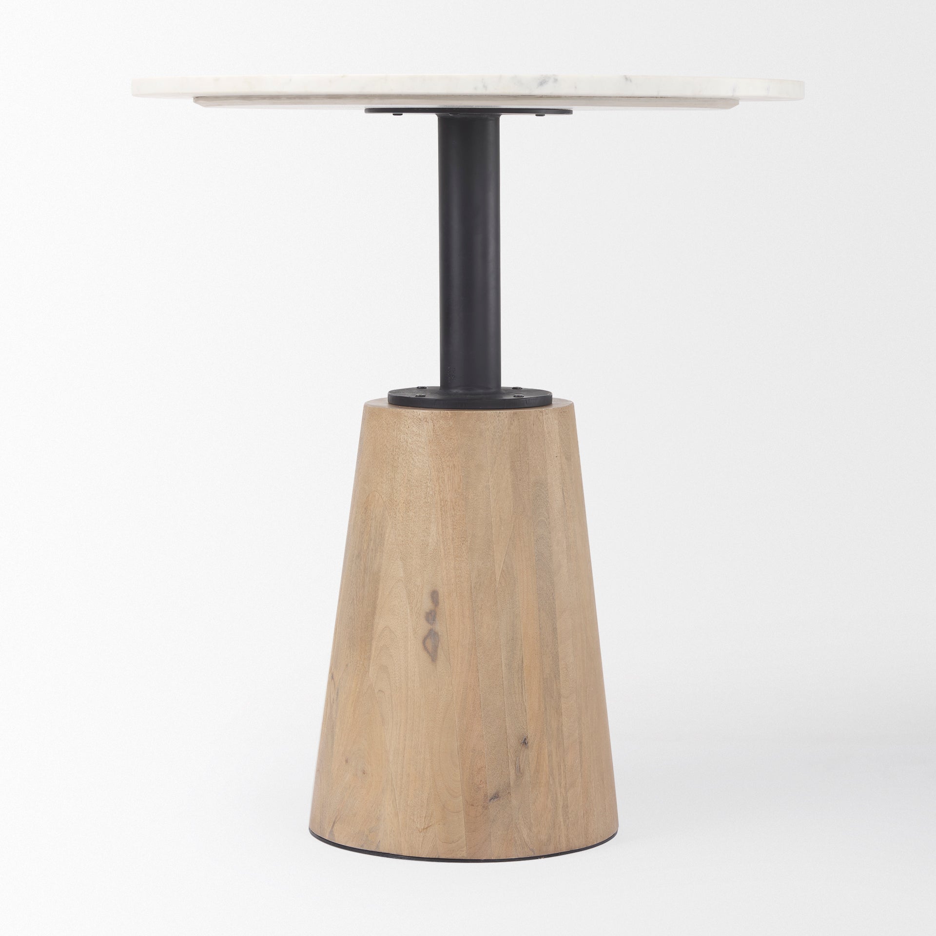 Maxwell 32" Round White Marble Tabletop w/ Blonde Wood & Black Metal Accent Pedestal Bistro Table - Central Designs