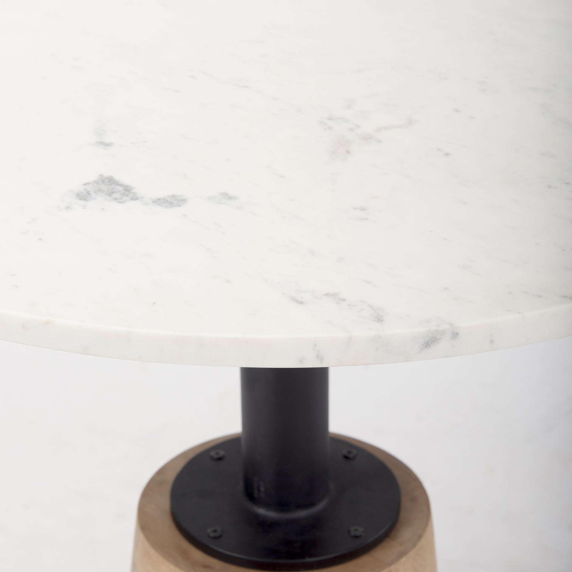 Maxwell 32" Round White Marble Tabletop w/ Blonde Wood & Black Metal Accent Pedestal Bistro Table - Central Designs