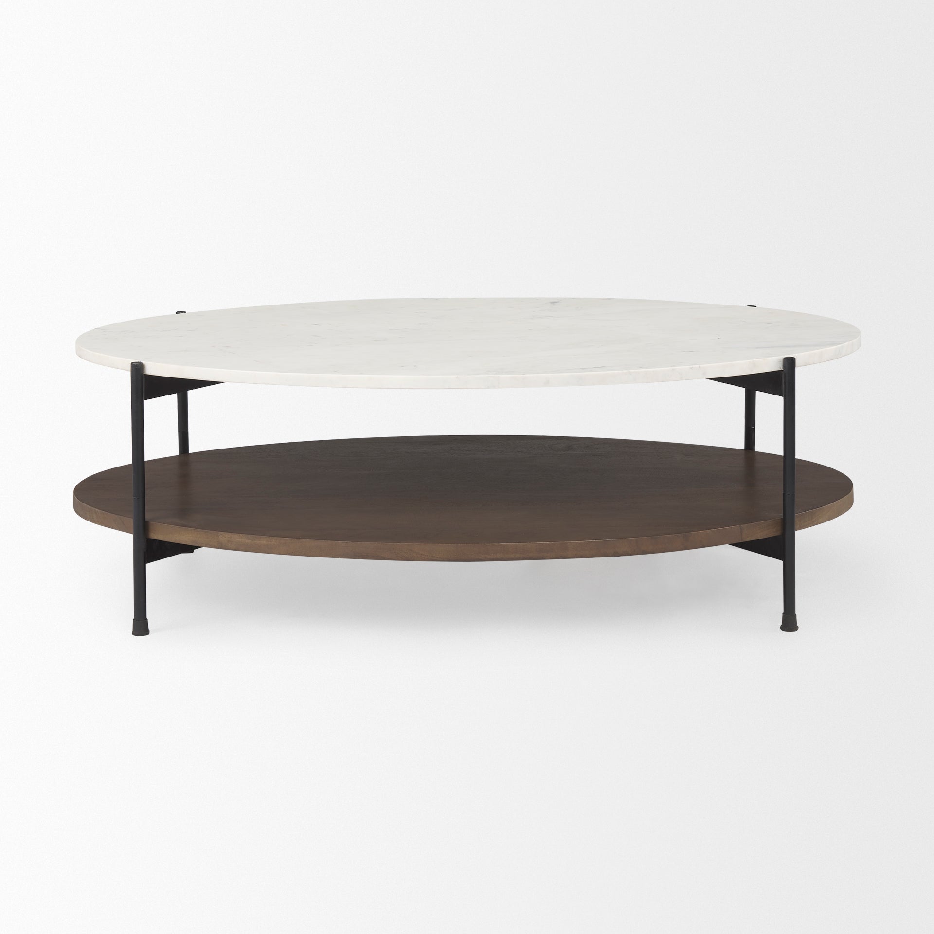 Larkin White Marble Top w/ Dark Brown Wood Shelf Oval Coffee Table - Central Designs