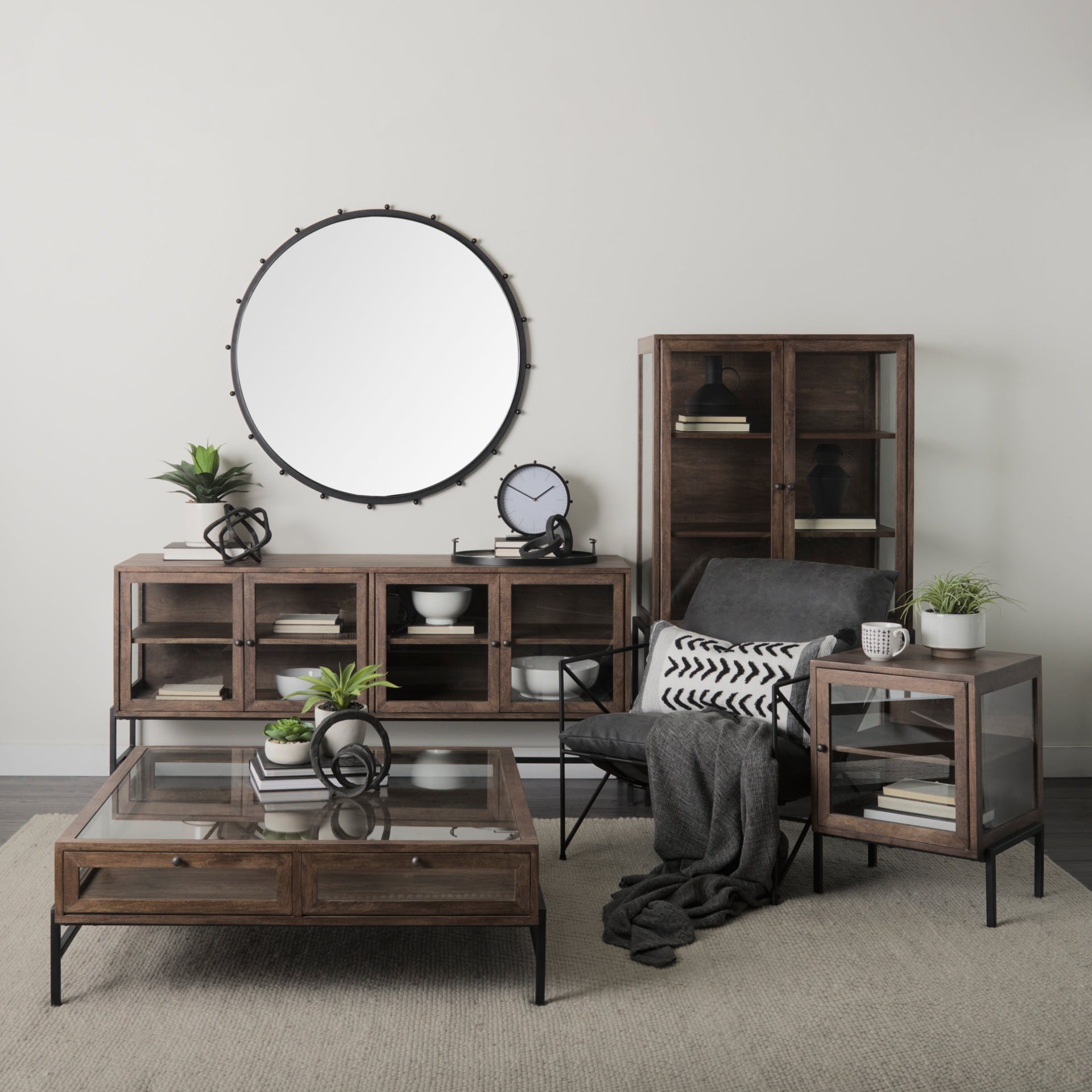 Arelius 70L x 18W x 32H Medium Brown, Black Metal Base w/ 4 Glass Door Cabinets Sideboard - Central Designs