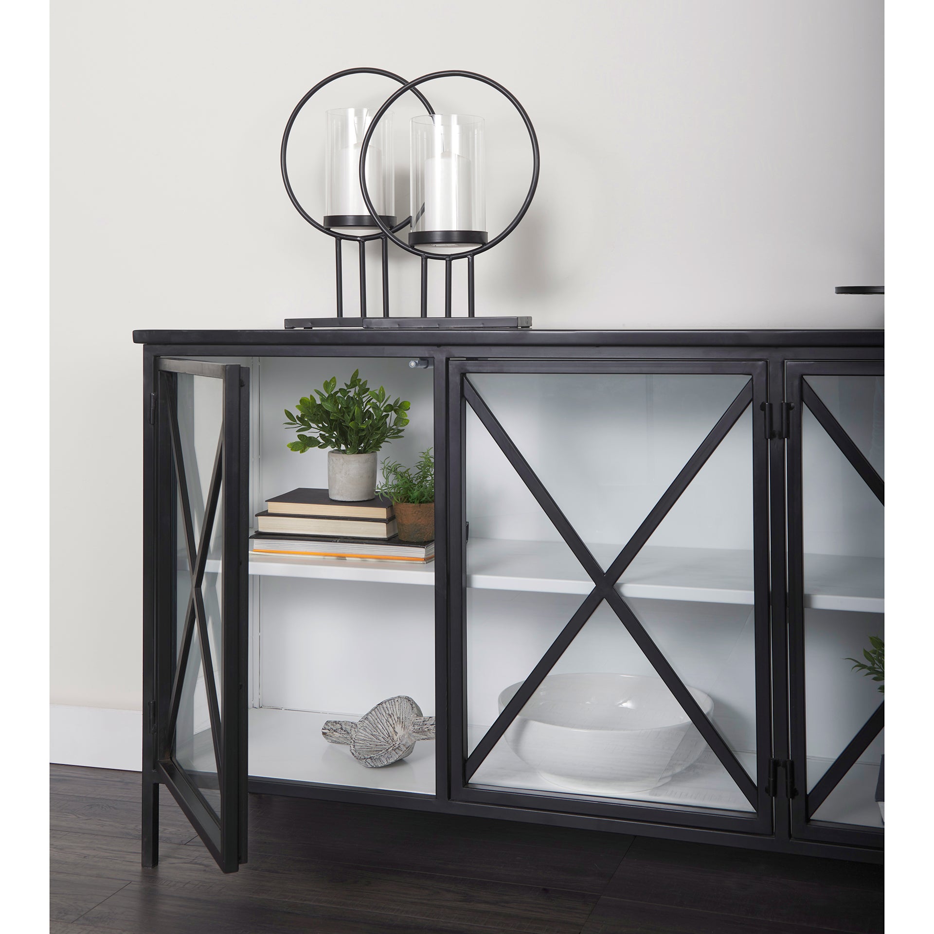 Aurelia 79.0L x 16.0W x 33.0H Black and White Metal Four Door Glass Cabinet - Central Designs