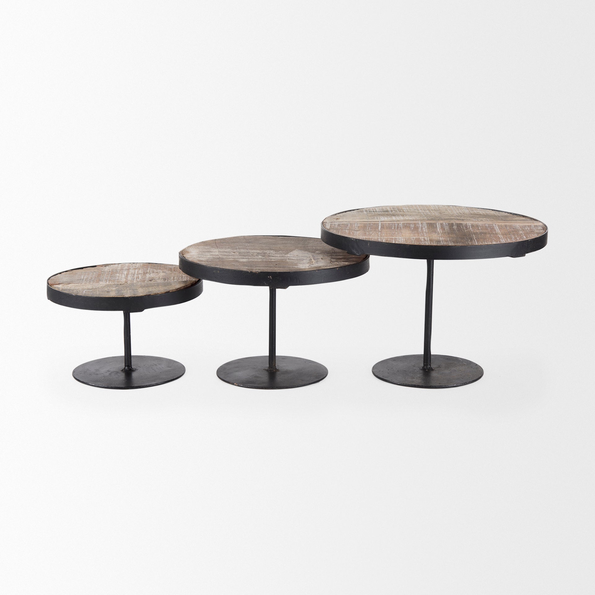 Lorenz (Set of 3) Light Brown Wood W/ Black Metal Base Round Decorative Display Stands - Central Designs