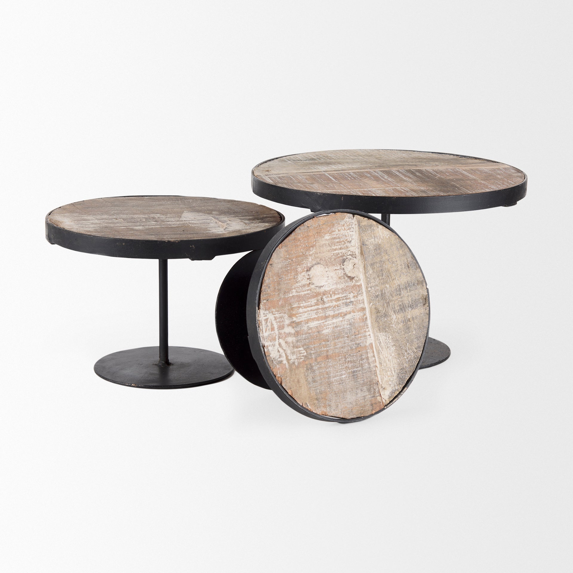 Lorenz (Set of 3) Light Brown Wood W/ Black Metal Base Round Decorative Display Stands - Central Designs