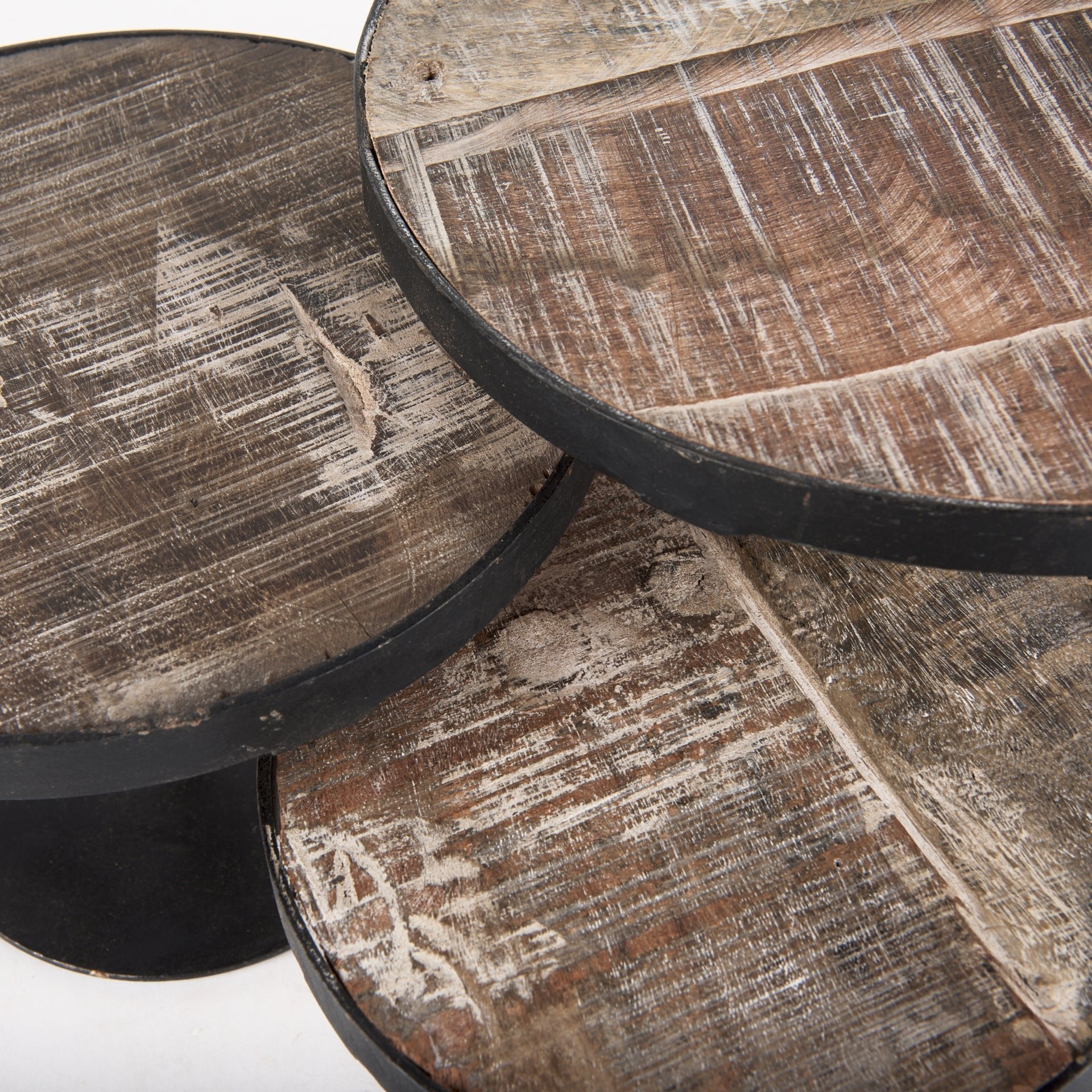 Lorenz (Set of 3) Light Brown Wood W/ Black Metal Base Round Decorative Display Stands - Central Designs