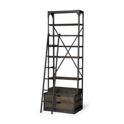 Brodie VII 32L x 22W x 94H Brown Wood Gun-Metal Bracing Four Shelf Shelving Unit