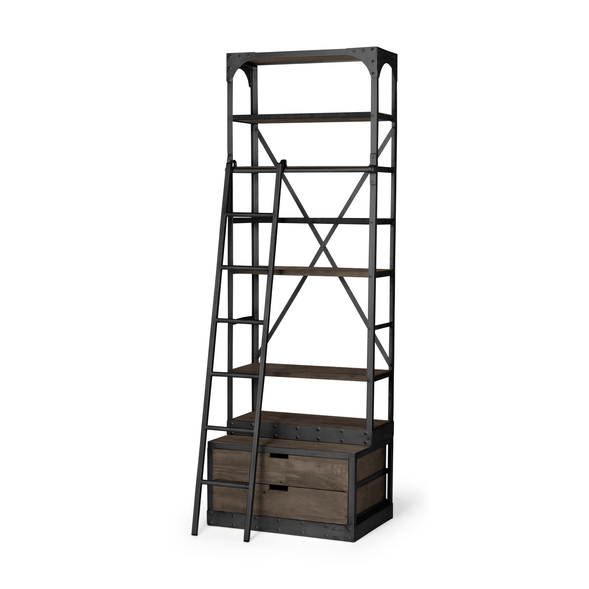 Brodie VII 32L x 22W x 94H Brown Wood Gun-Metal Bracing Four Shelf Shelving Unit
