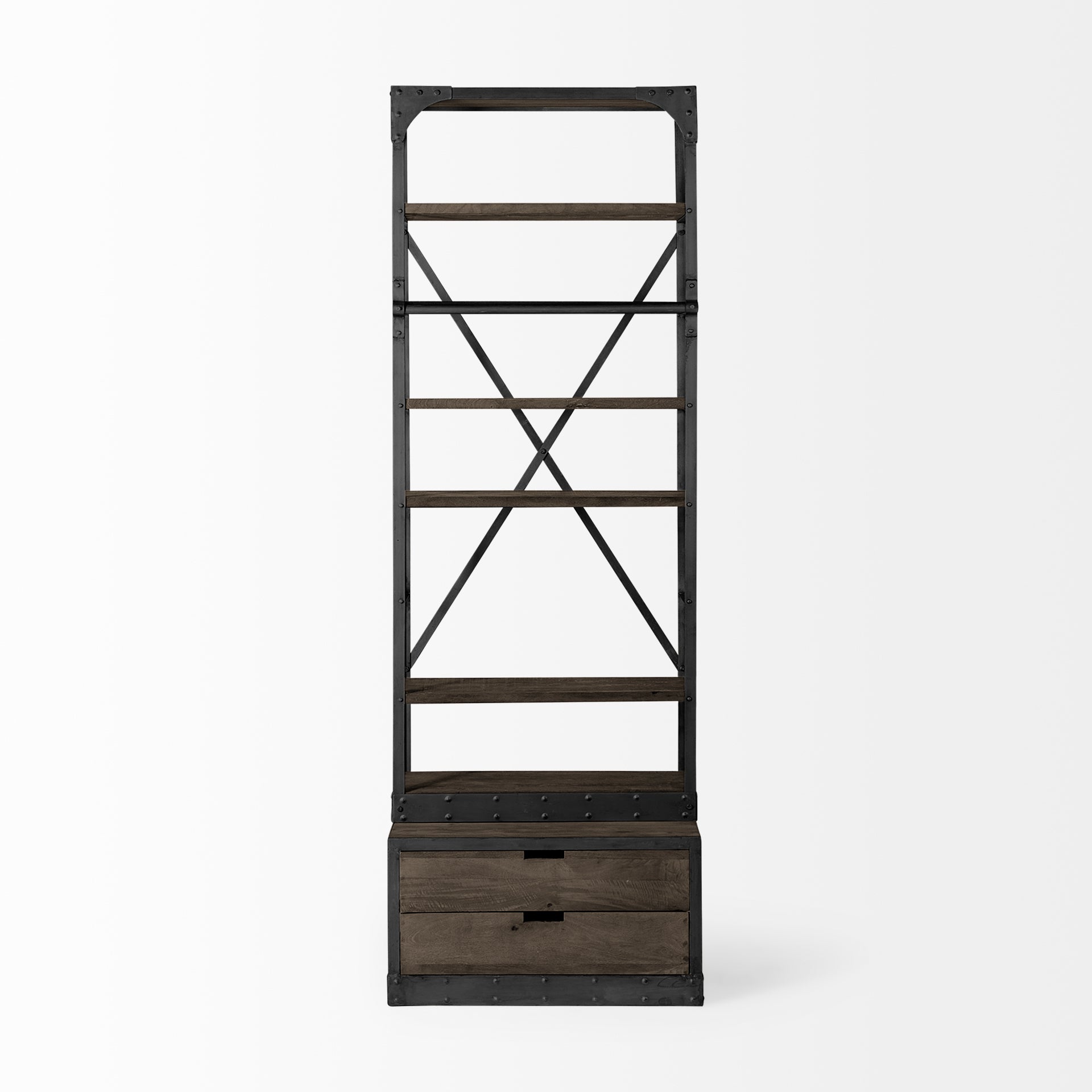 Brodie VII 32L x 22W x 94H Brown Wood Gun-Metal Bracing Four Shelf Shelving Unit