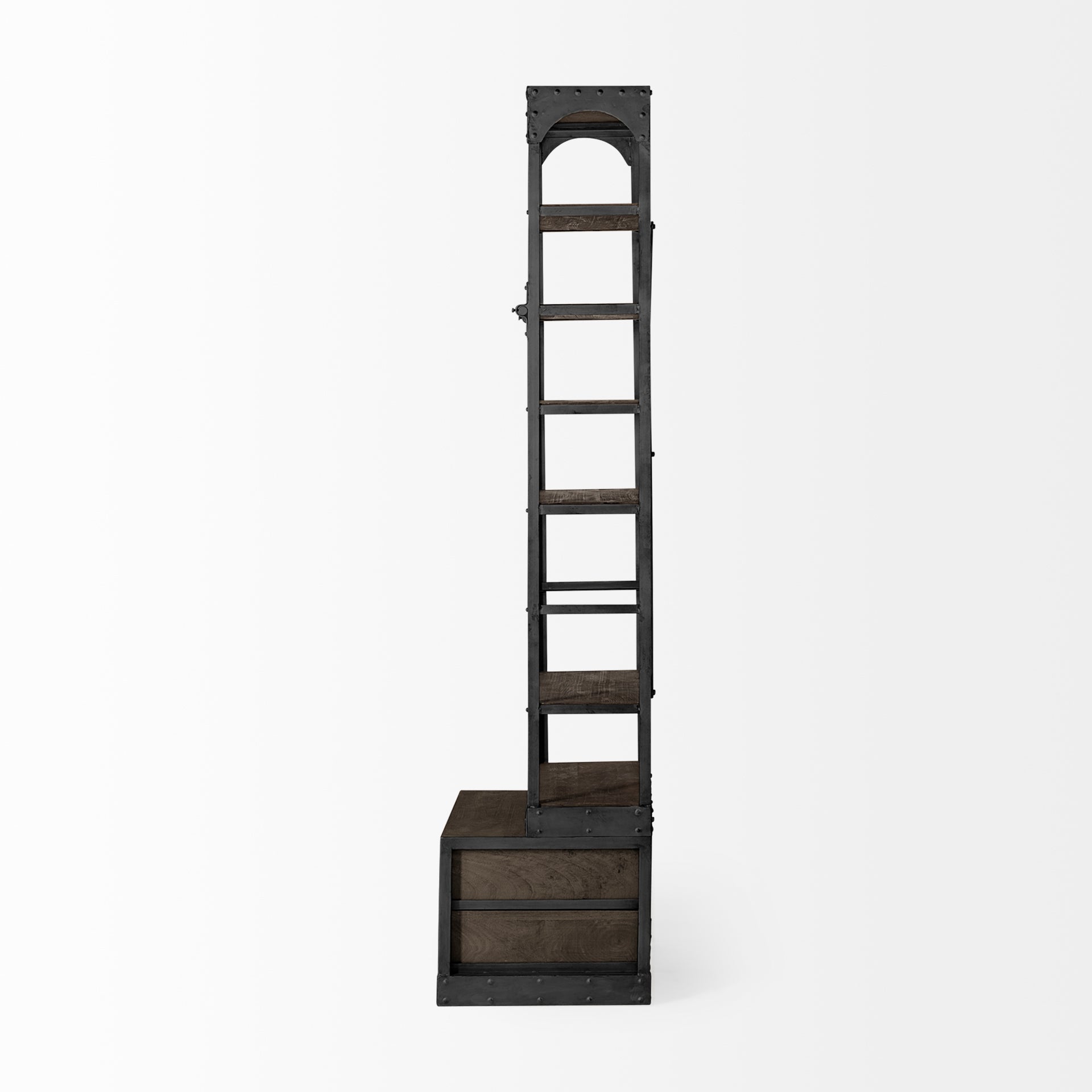 Brodie VII 32L x 22W x 94H Brown Wood Gun-Metal Bracing Four Shelf Shelving Unit