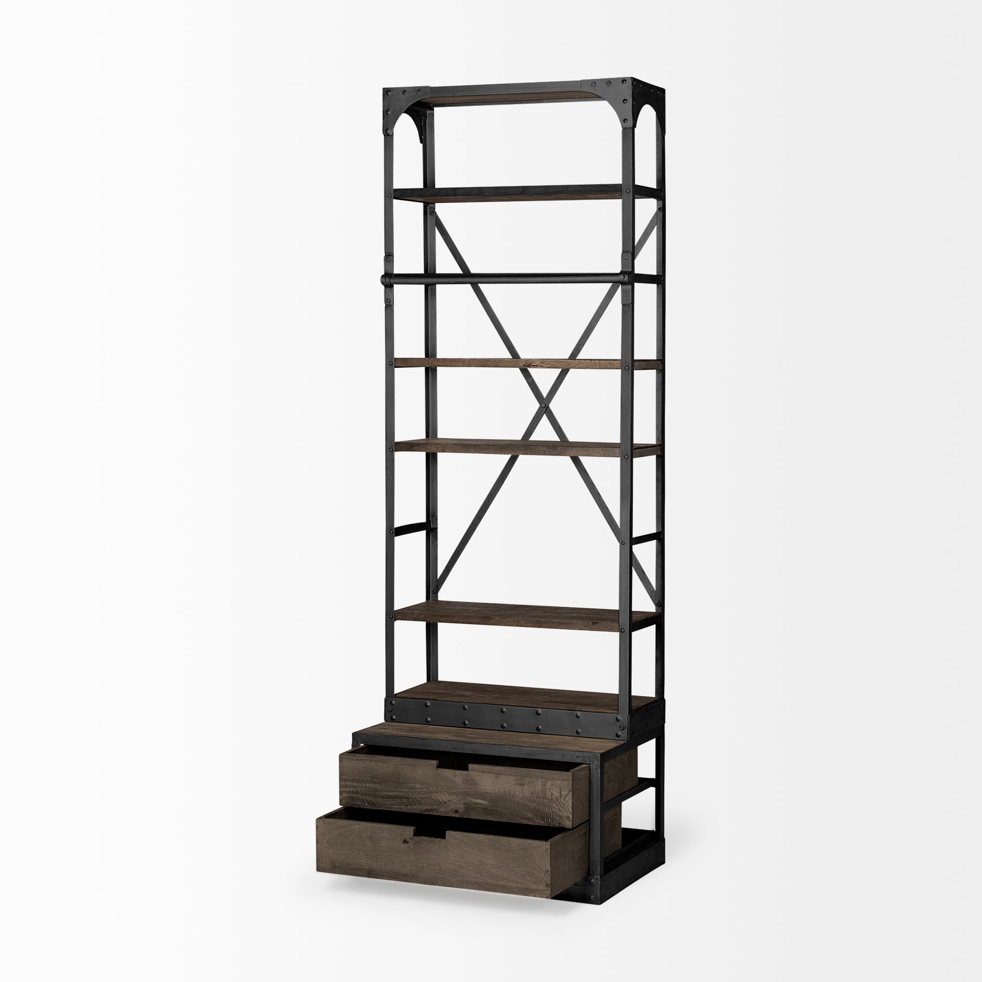 Brodie VII 32L x 22W x 94H Brown Wood Gun-Metal Bracing Four Shelf Shelving Unit