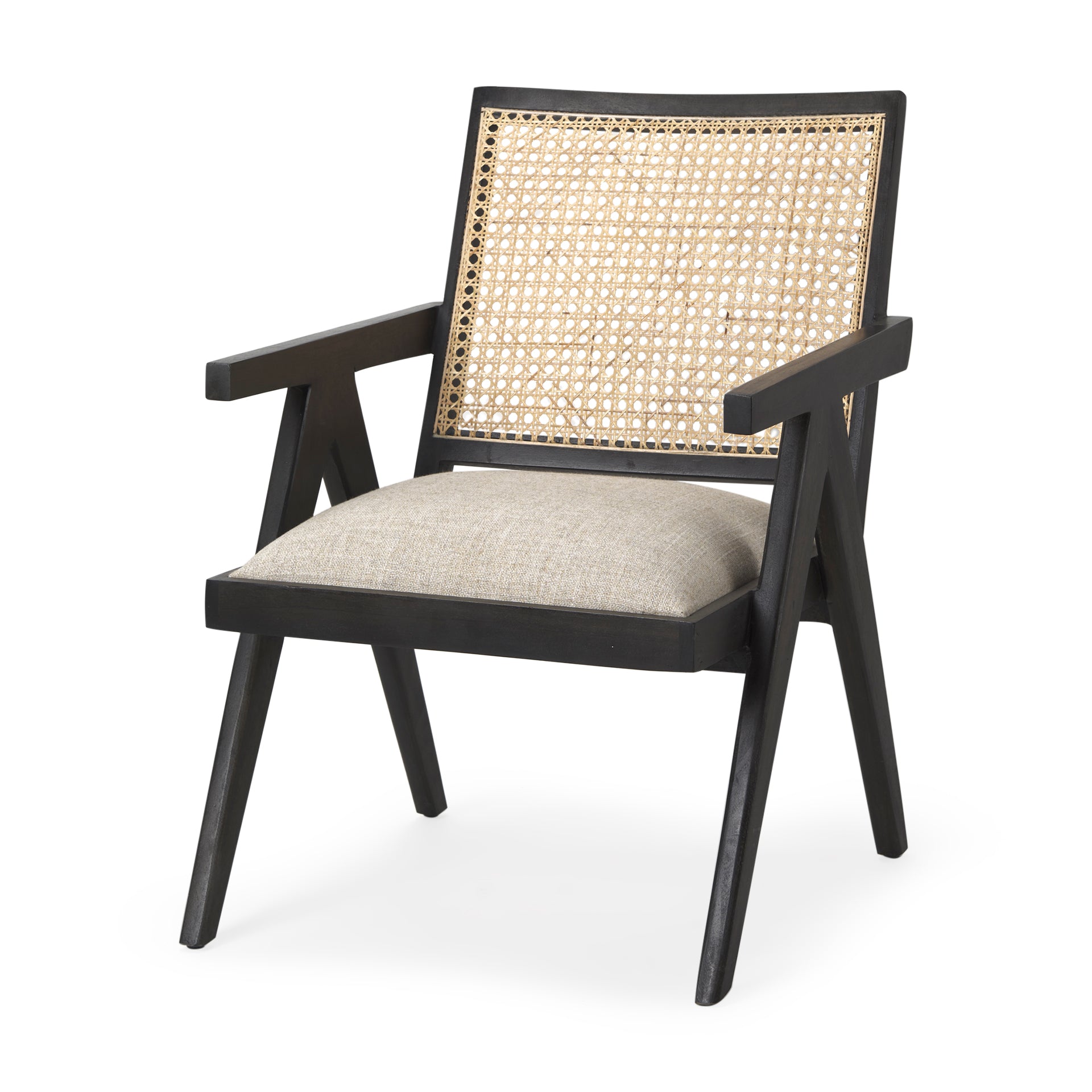 Donna Black Wood Cane - Back w/ Beige Upholstered Seat Accent Chair - Central Designs
