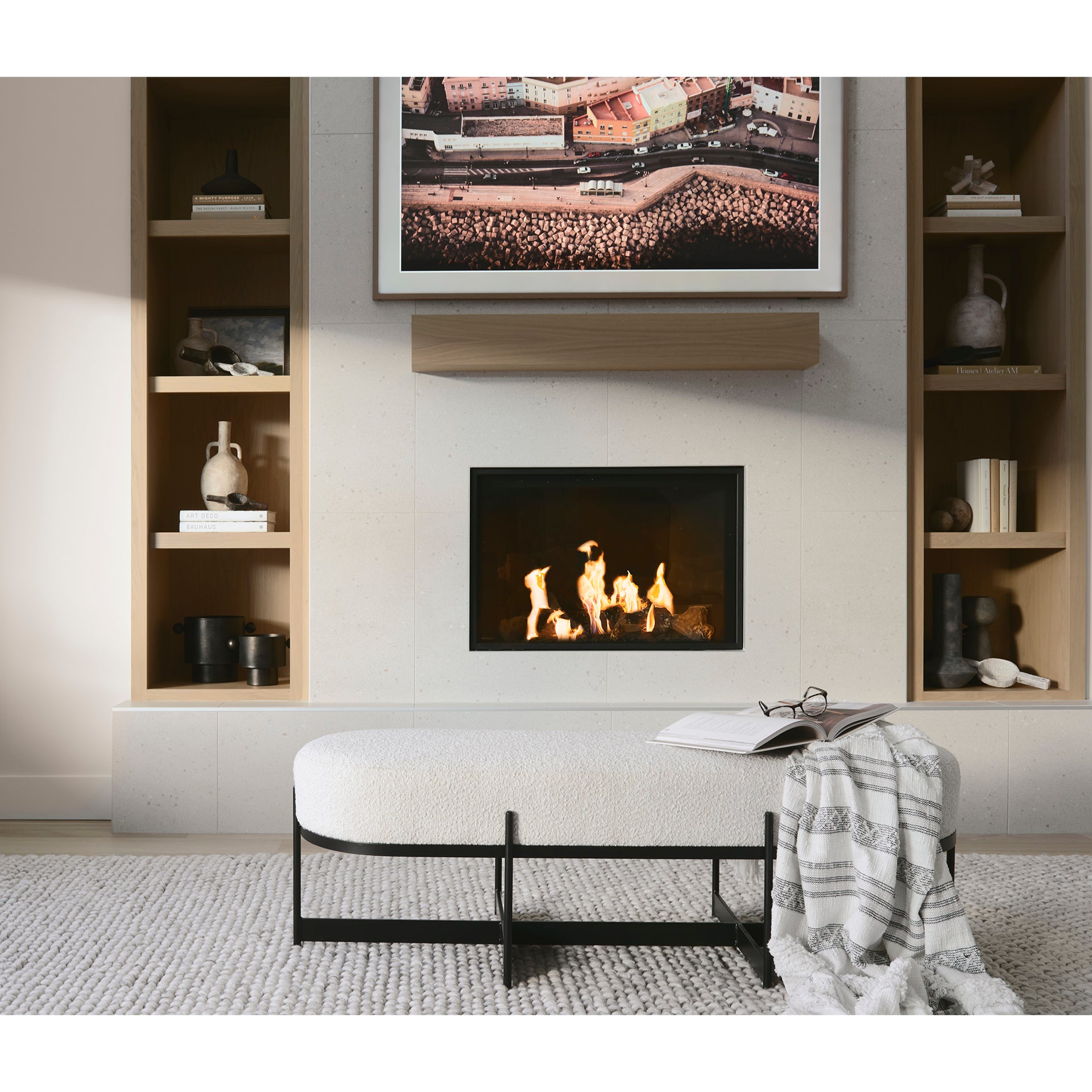 Amelia 55.0L x 18.0W x 18.0H Cream Boucle W/Black Metal Upholstered Bench - Central Designs