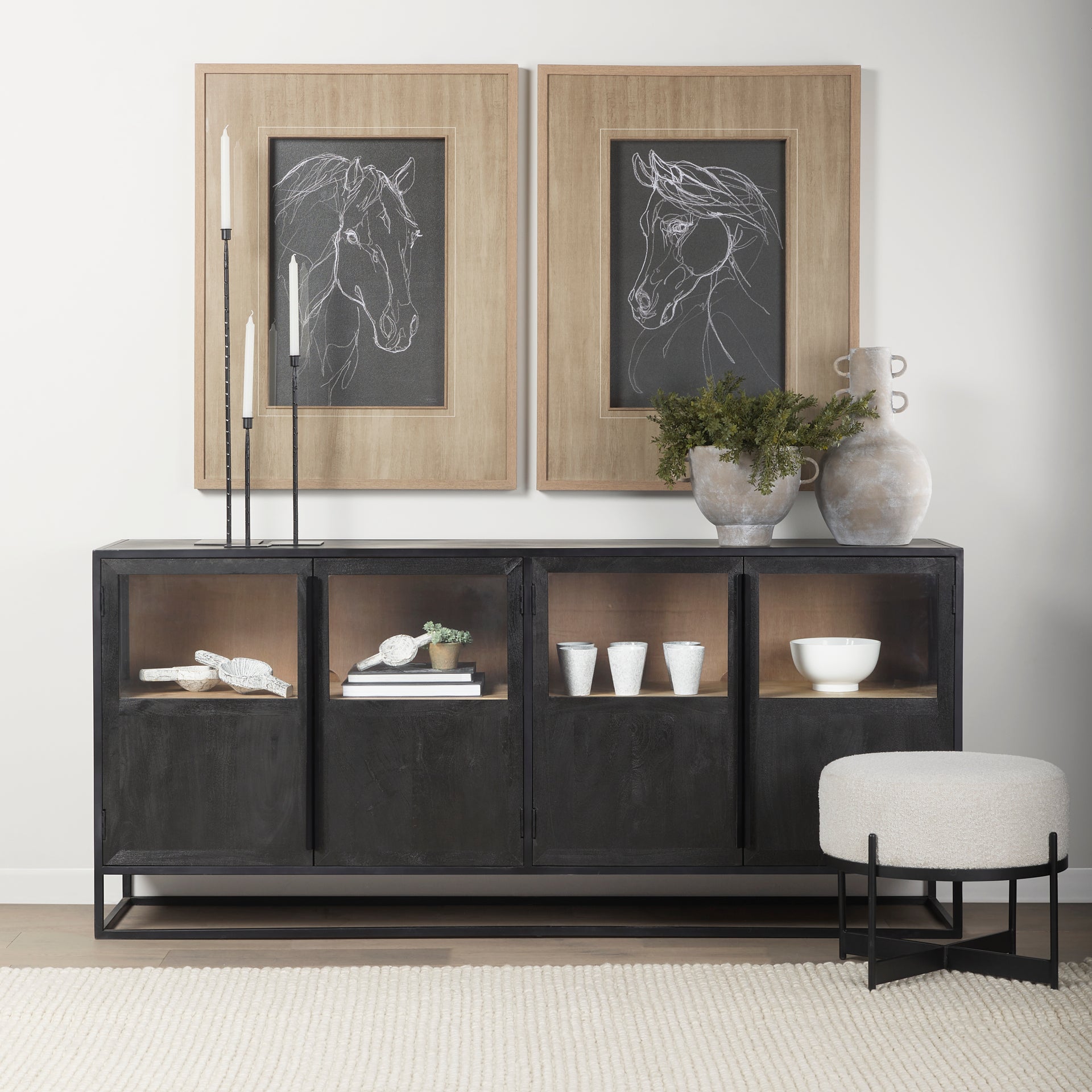Sloan 80.0L x 17.0W x 36.0H Black Wood W/Black Metal Frame Sideboard - Central Designs