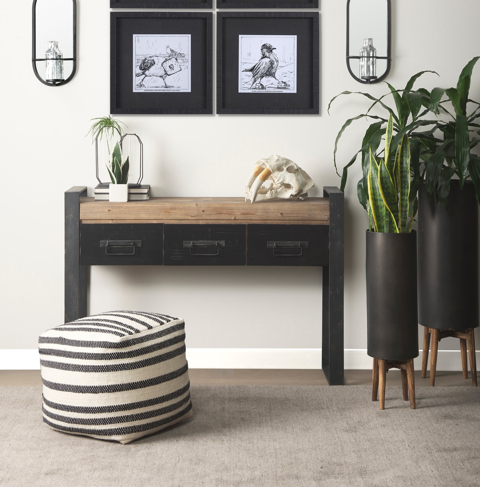 Carga 48L x 12W Black Metal Frame Brown Wooden Top Console Table W/Storage - Central Designs