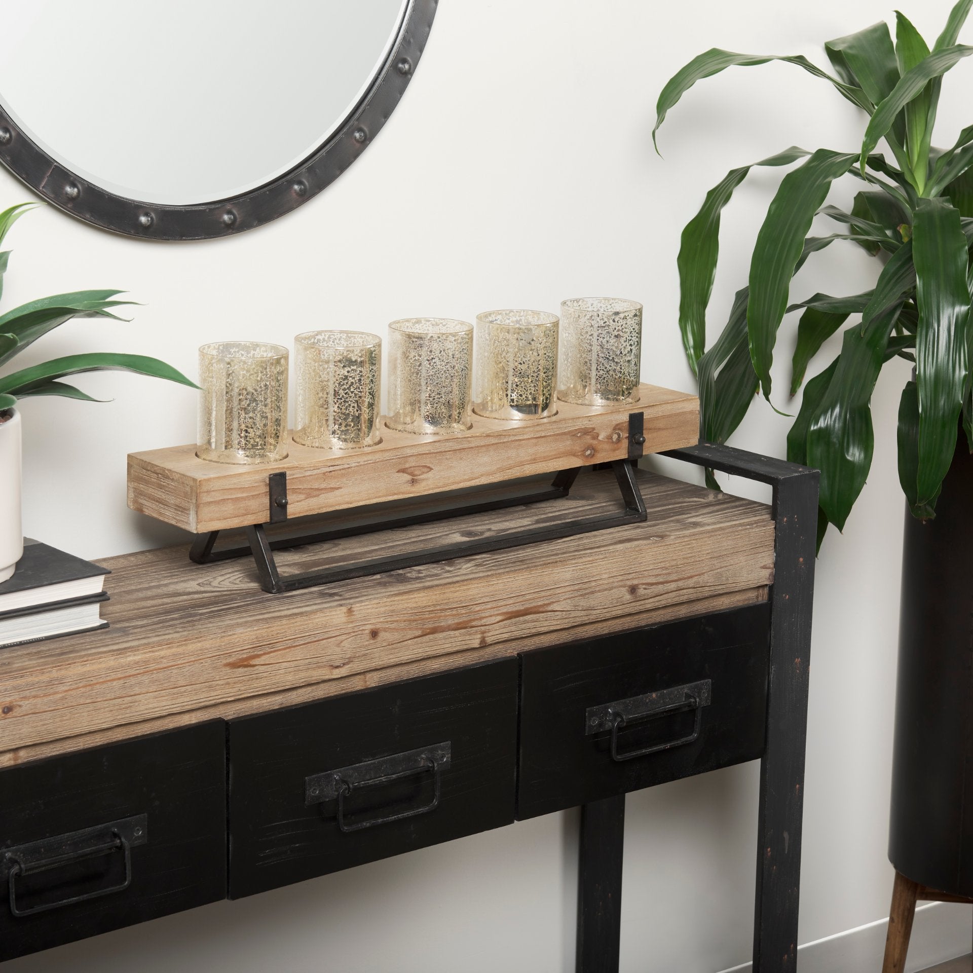 Carga 48L x 12W Black Metal Frame Brown Wooden Top Console Table W/Storage - Central Designs