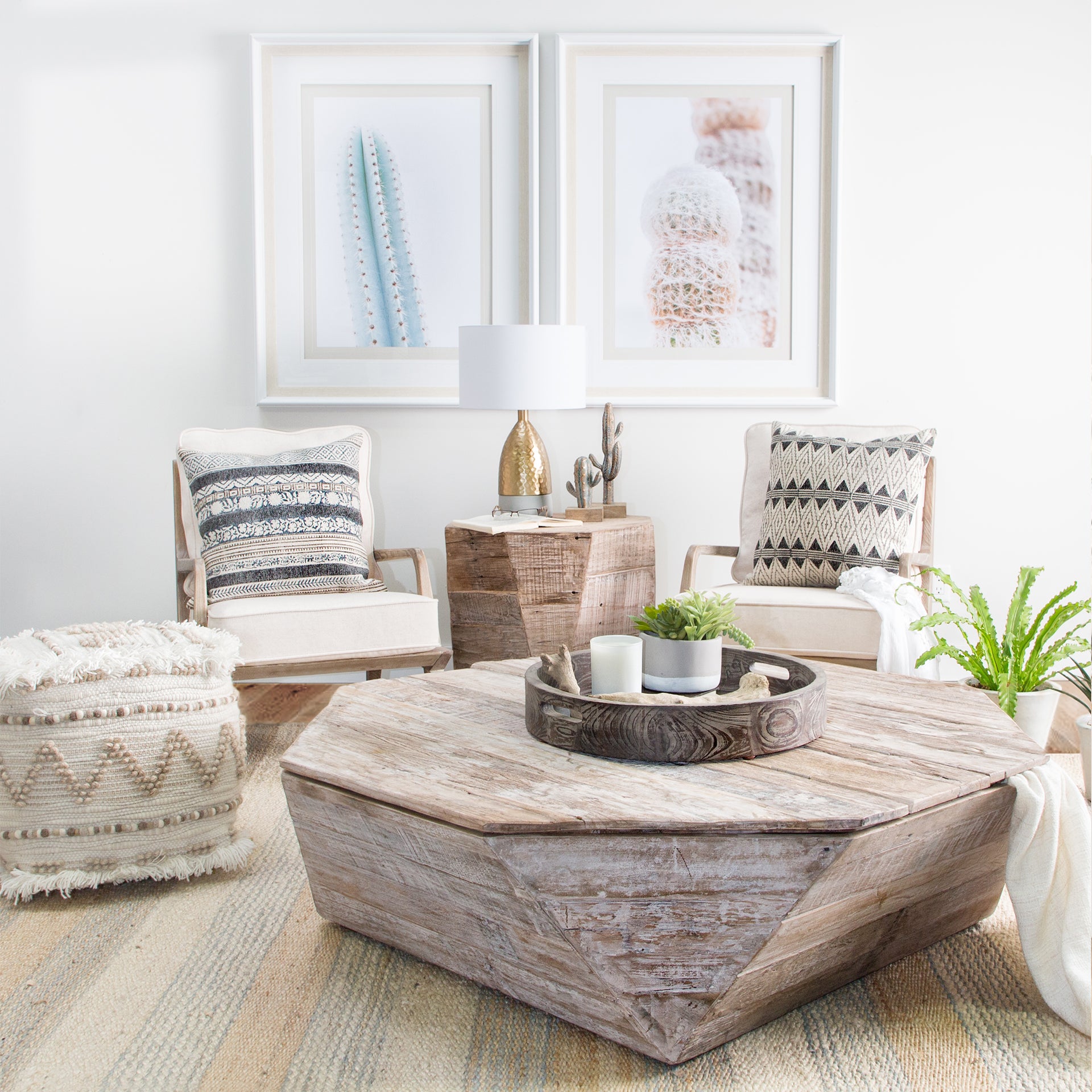 Esagono Octagonal Reclaimed Wood End/Side Table w/ Storage