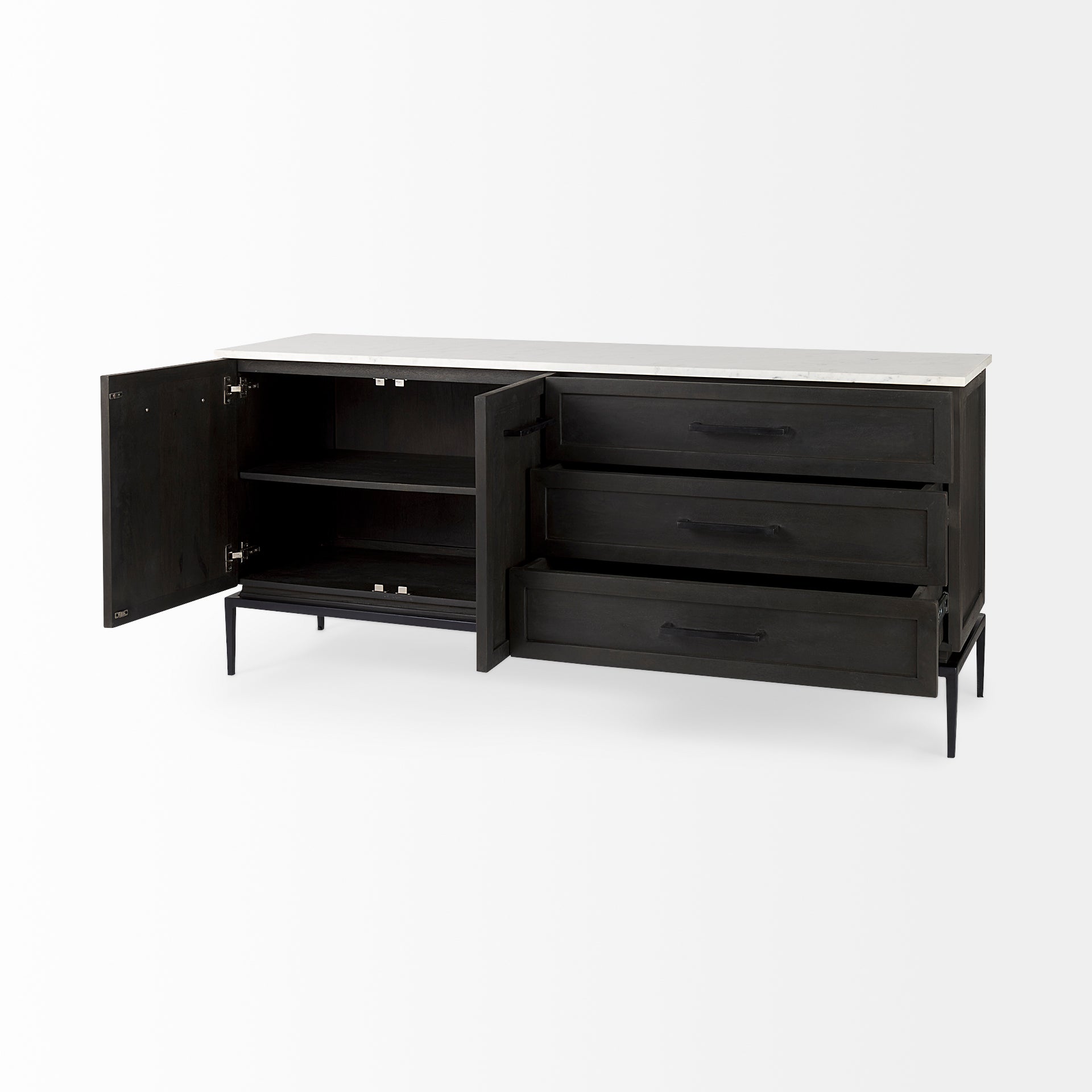 Divina Black - Brown Wood w/ White Marble Top and Black Metal Base Sideboard - Central Designs