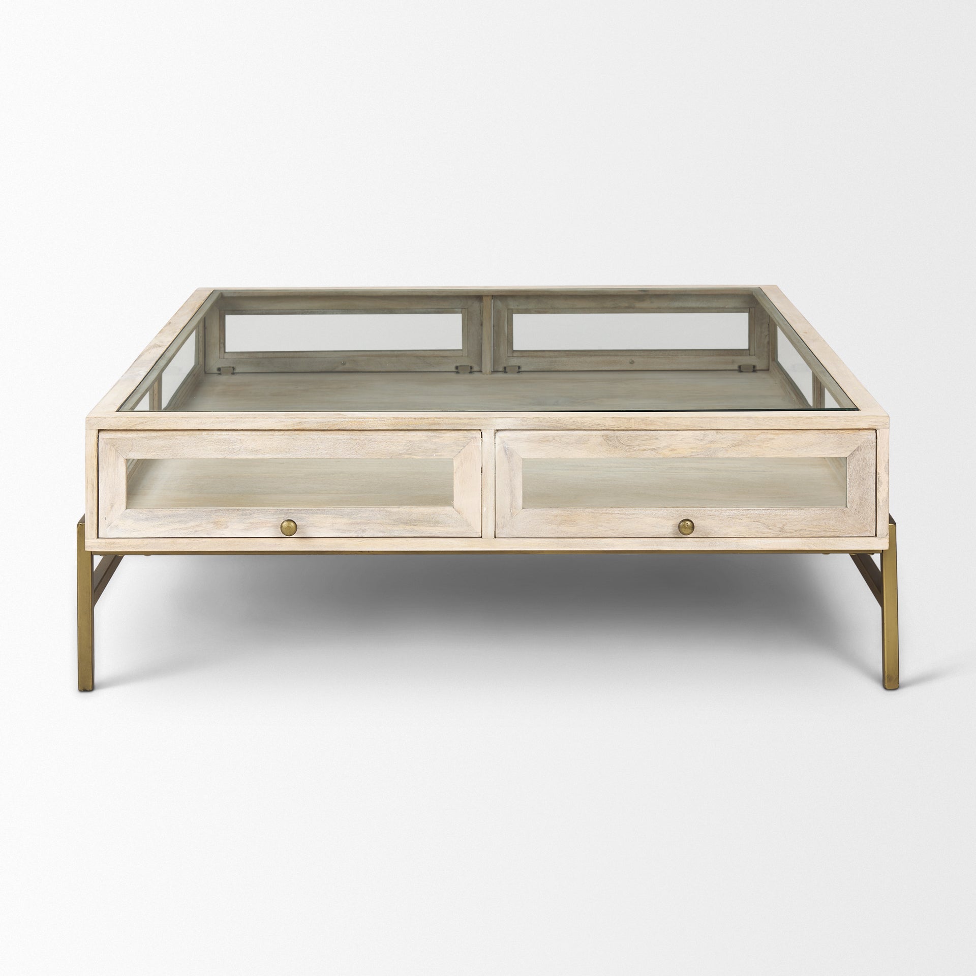 Arelius 42L x 42W x 15H White Wood W/ Gold Metal Base Square Display Coffee Table - Central Designs