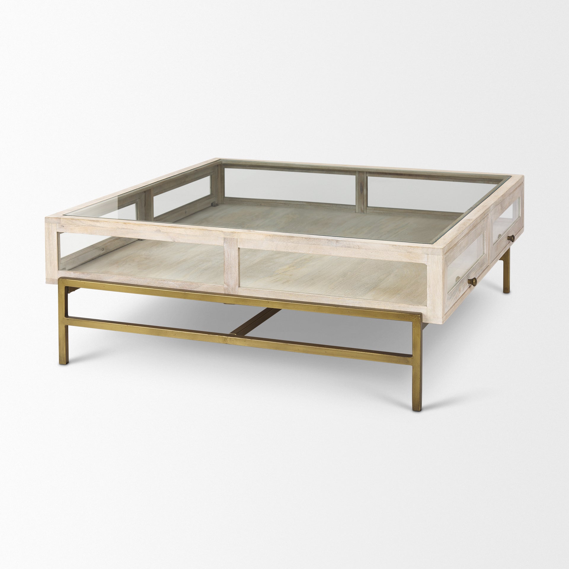 Arelius 42L x 42W x 15H White Wood W/ Gold Metal Base Square Display Coffee Table - Central Designs