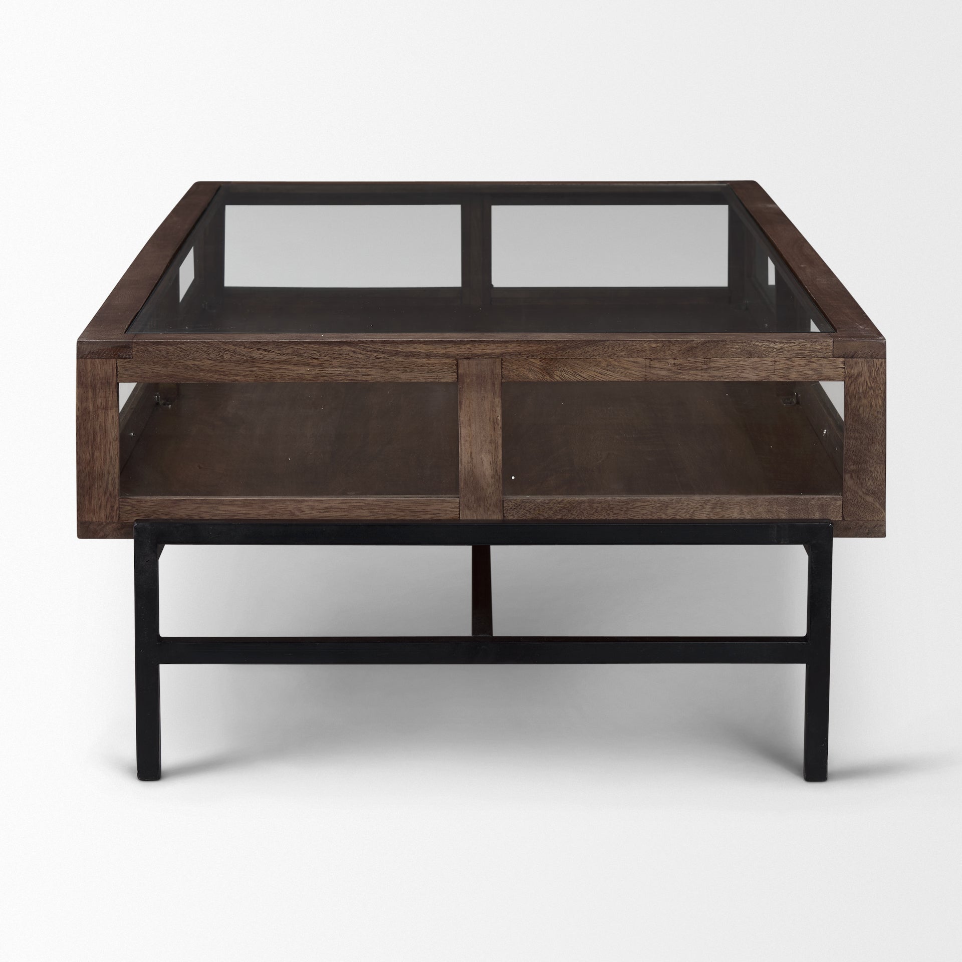 Arelius Rectangular Glass - Top Medium Brown Wood w/ Black Metal Base Display Coffee Table - Central Designs
