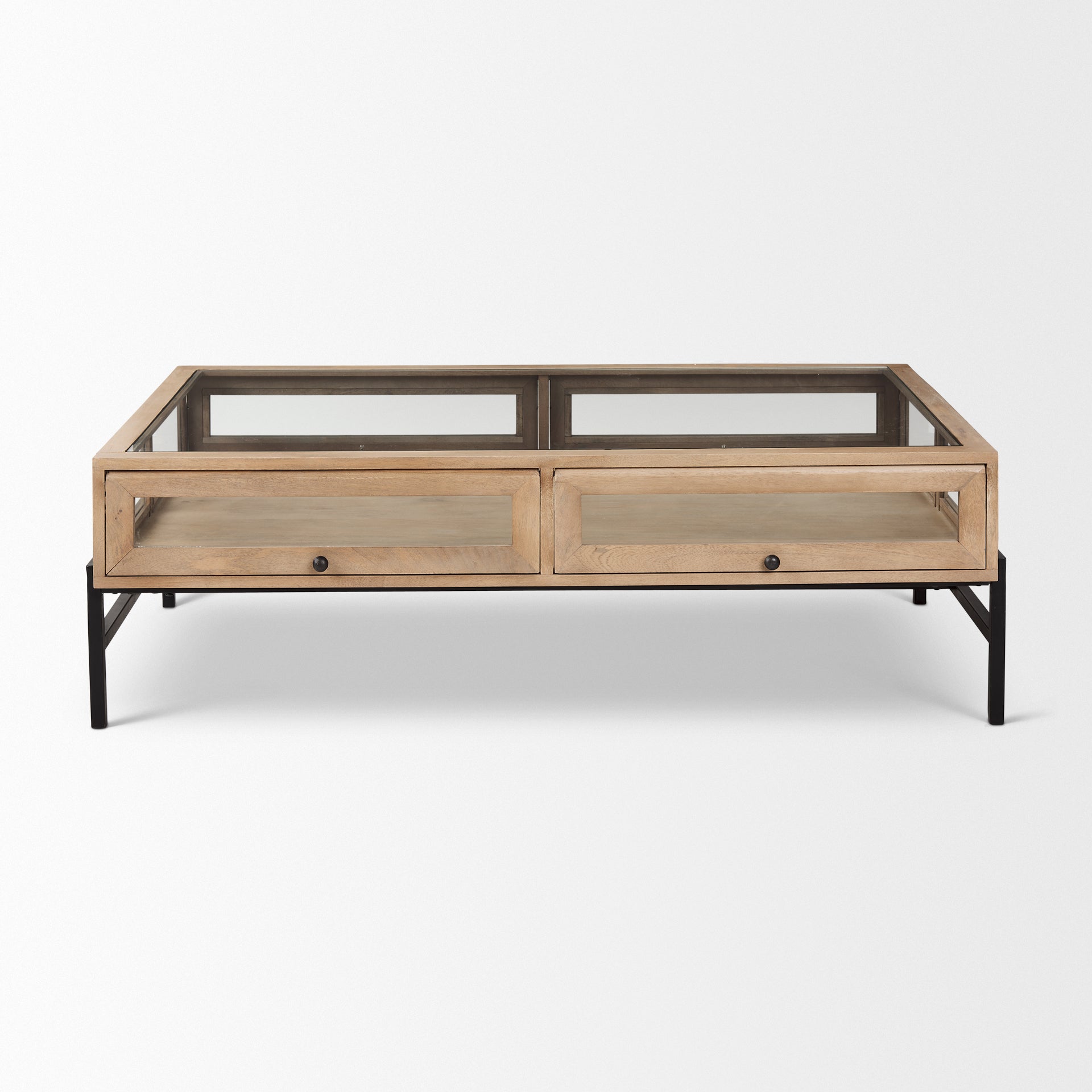 Arelius 42"L Rectangular Light Brown Wood w/ Black Metal Base Display Coffee Table - Central Designs