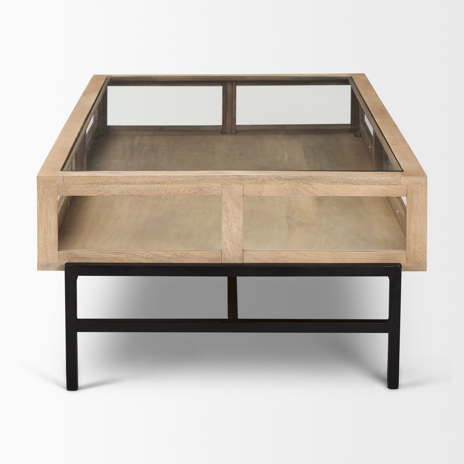 Arelius 42"L Rectangular Light Brown Wood w/ Black Metal Base Display Coffee Table - Central Designs