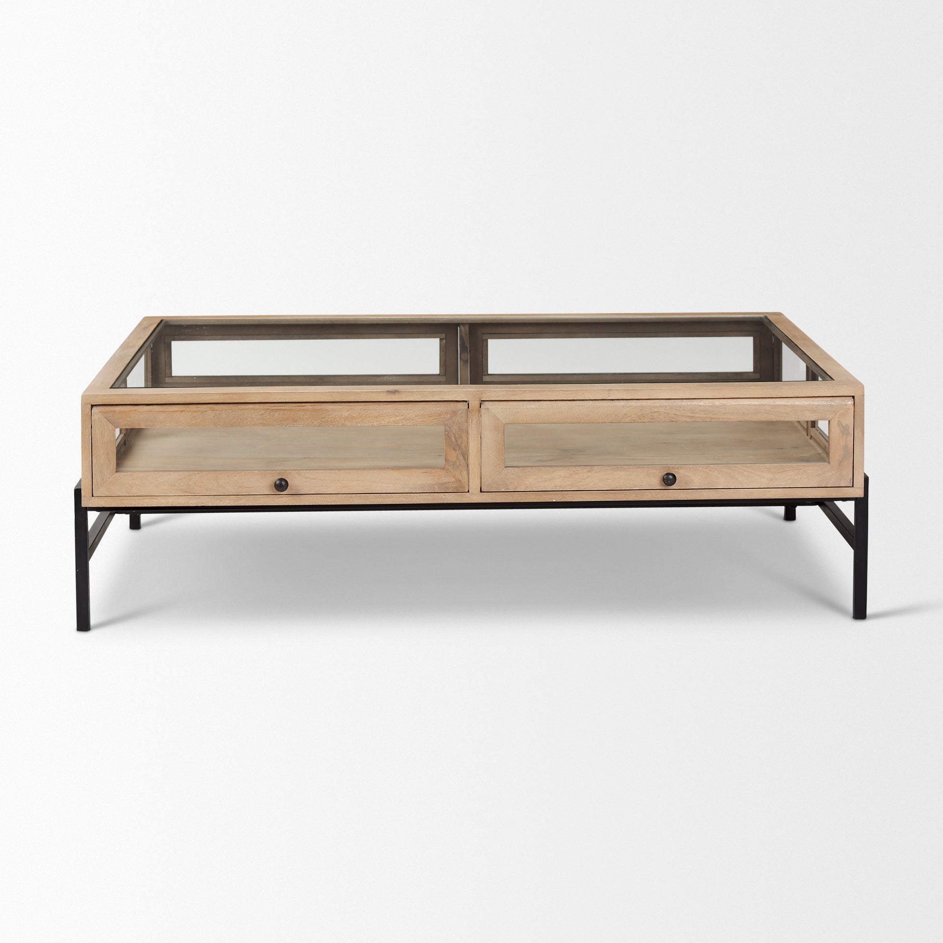 Arelius 42"L Rectangular Light Brown Wood w/ Black Metal Base Display Coffee Table - Central Designs
