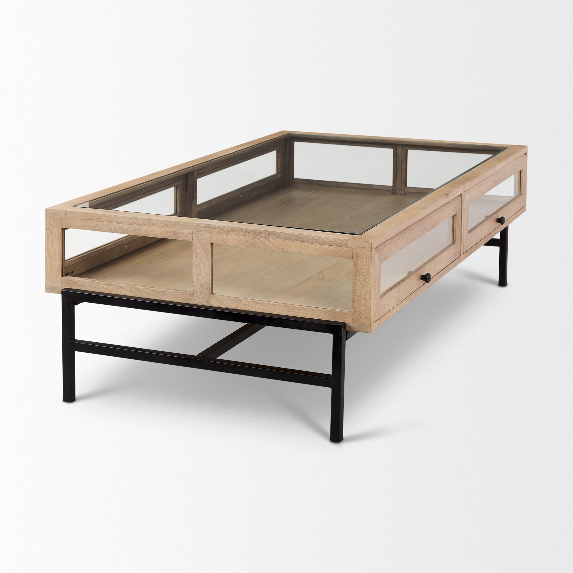 Arelius 42"L Rectangular Light Brown Wood w/ Black Metal Base Display Coffee Table - Central Designs