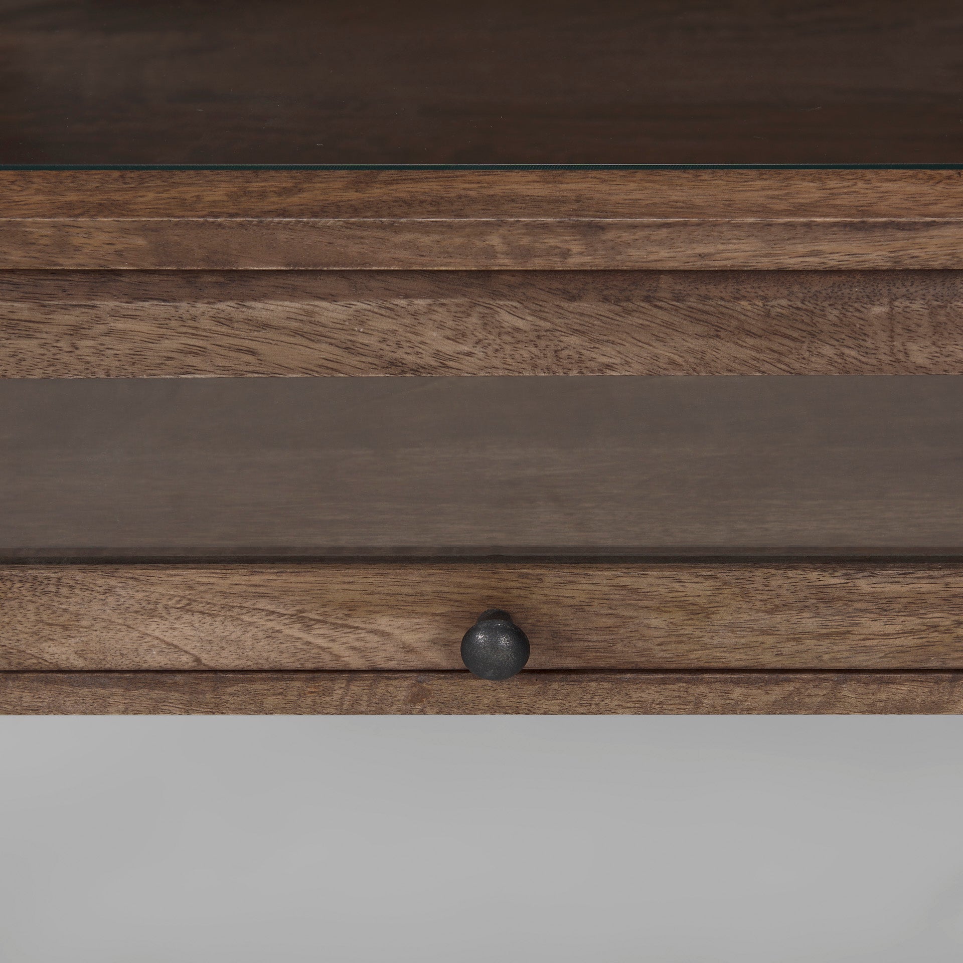 Arelius Rectangular Glass - Top Medium Brown Wood w/ Black Metal Base Display Coffee Table - Central Designs