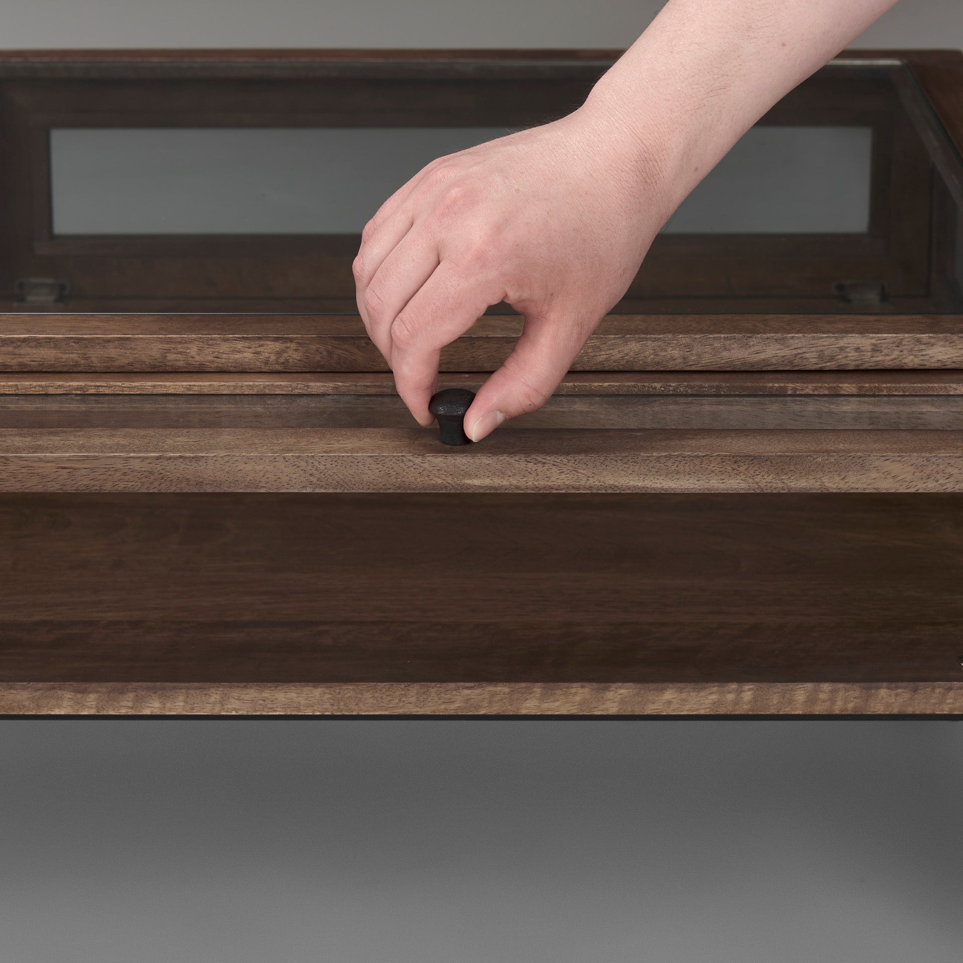 Arelius Rectangular Glass-Top Medium Brown Wood w/ Black Metal Base Display Coffee Table