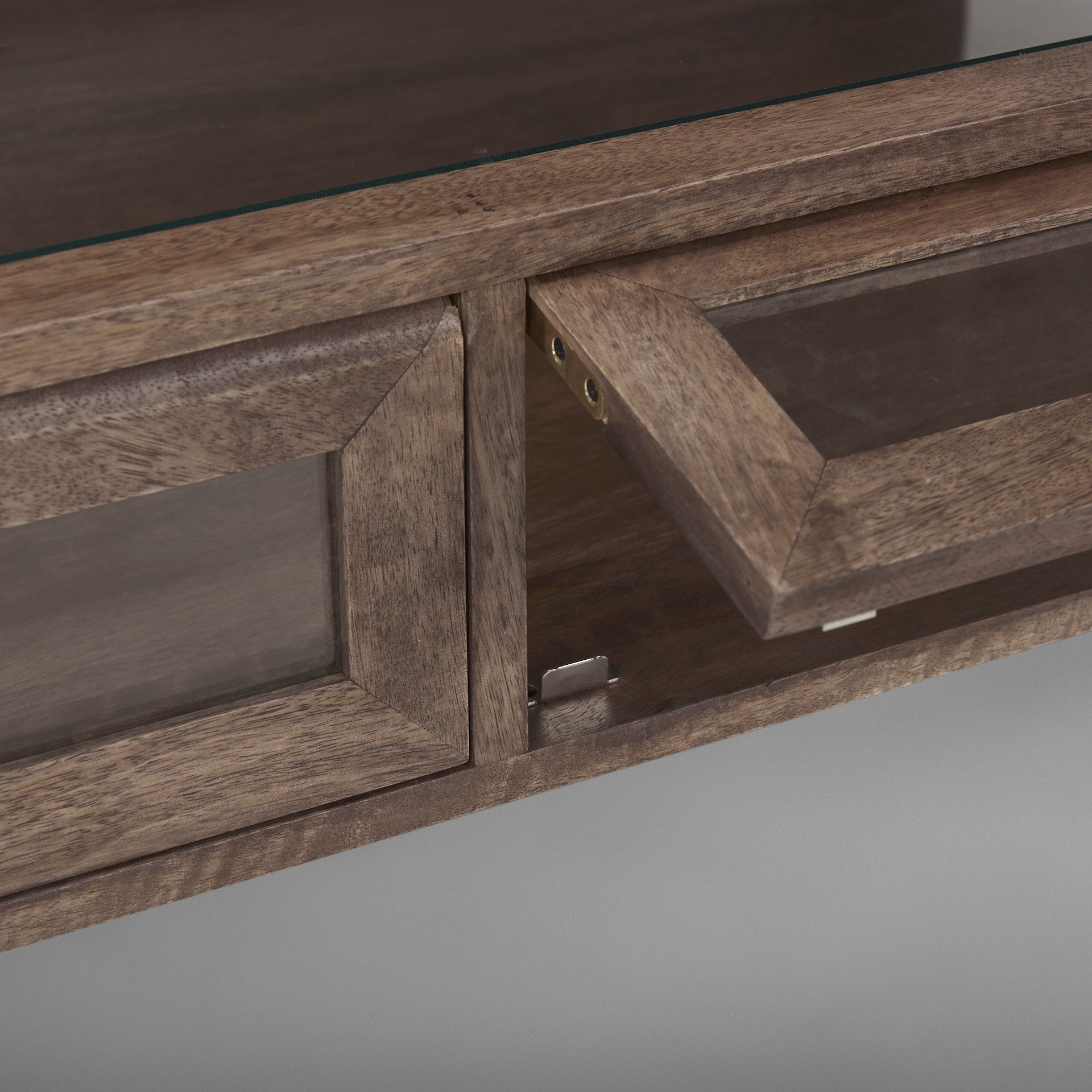 Arelius Rectangular Glass-Top Medium Brown Wood w/ Black Metal Base Display Coffee Table