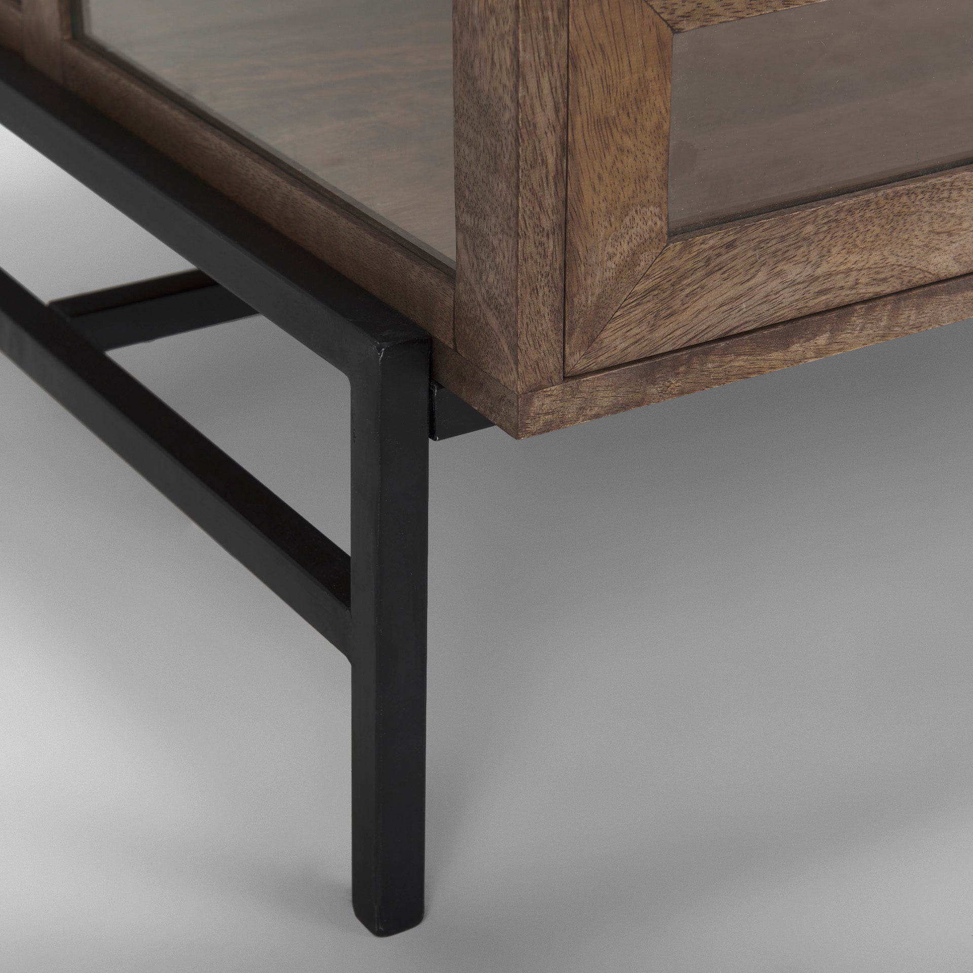 Arelius Rectangular Glass - Top Medium Brown Wood w/ Black Metal Base Display Coffee Table - Central Designs