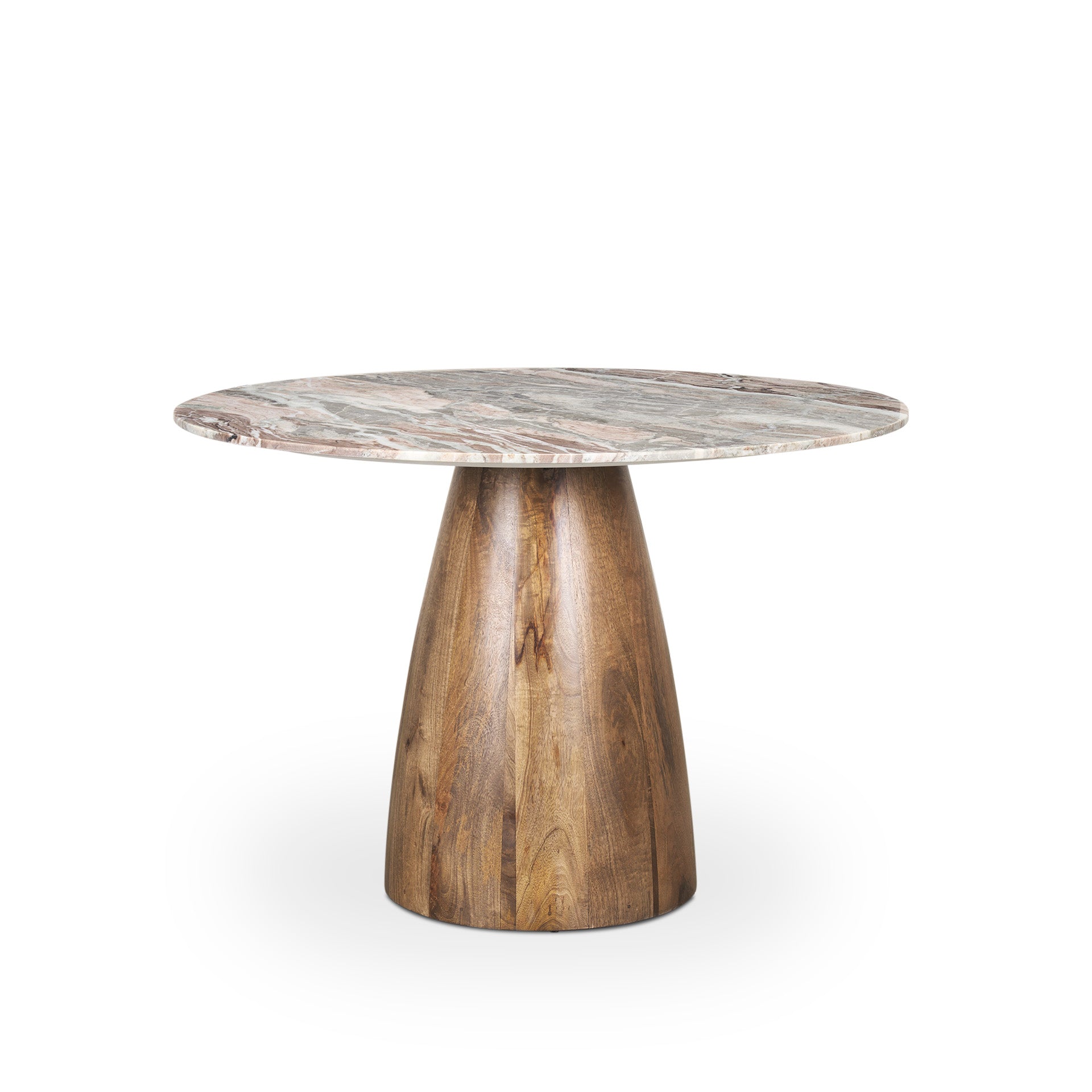 Allyson 42" Round Brown Wood Pedestal w/ Savar Pink Marble Top Dining Table - Central Designs