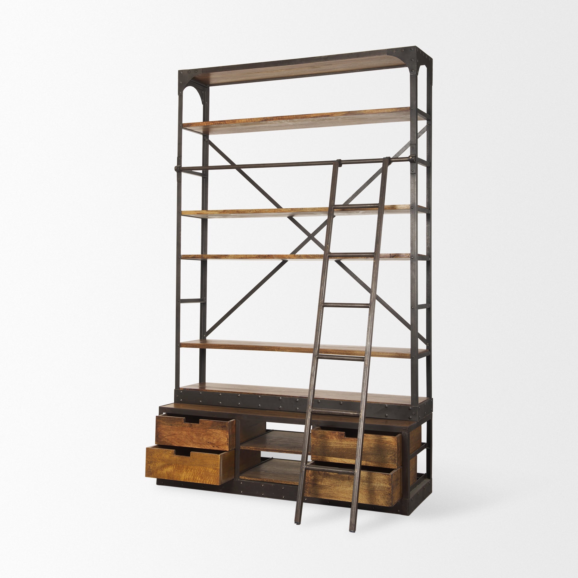 Brodie II Medium Brown Wood Black Ladder Four Shelf Shelving Unit 57L x 20.5W x94H - Central Designs