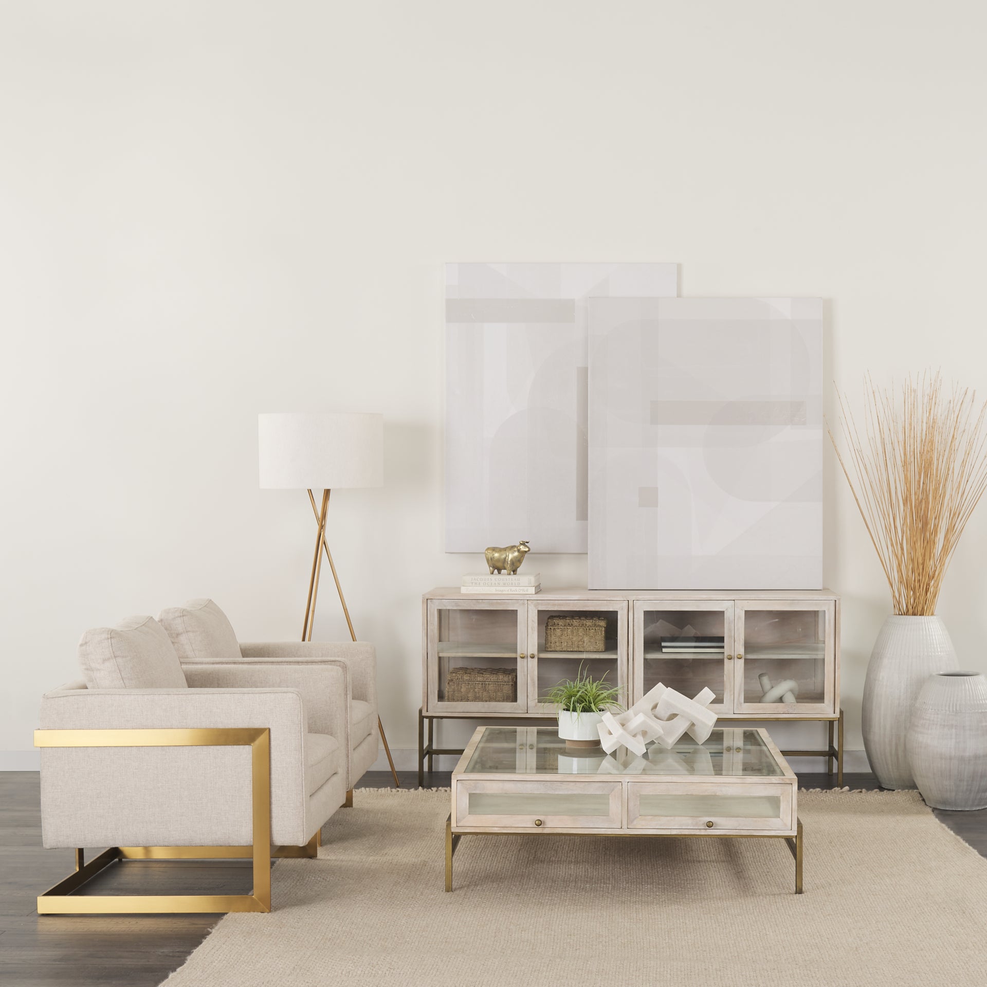 Arelius 42L x 42W x 15H White Wood W/ Gold Metal Base Square Display Coffee Table - Central Designs