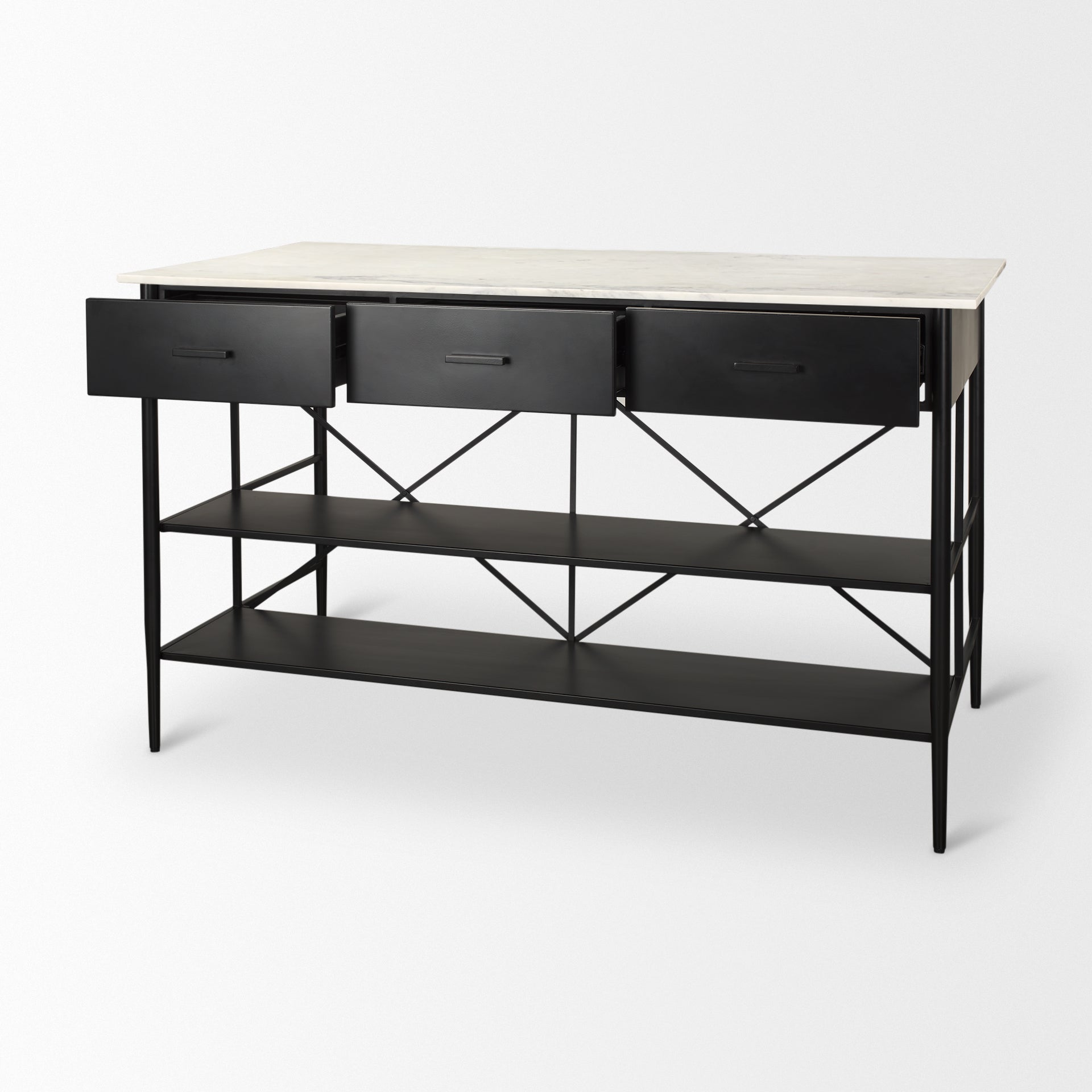 Amika White Marble Top Black Metal Base Kitchen Island - Central Designs