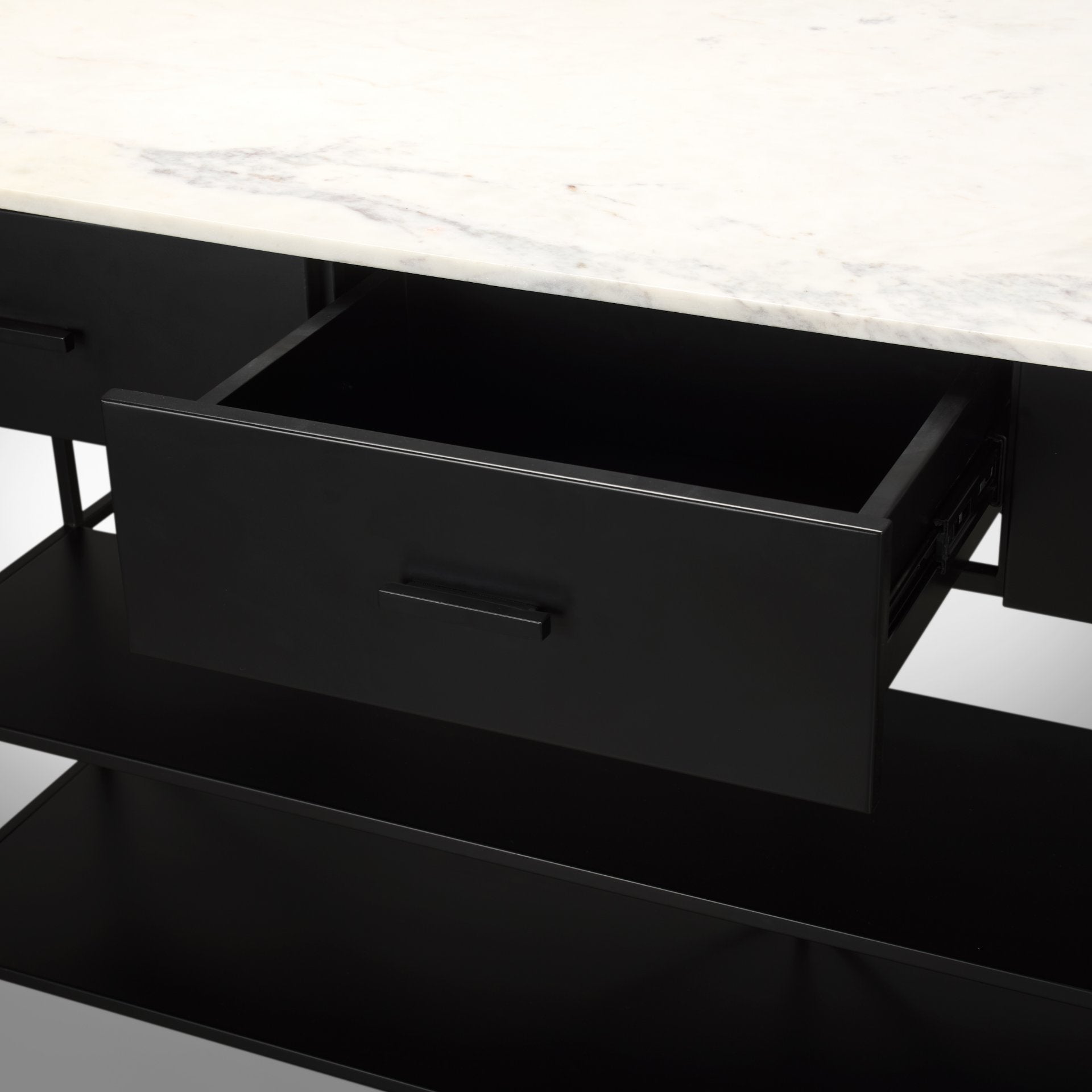 Amika White Marble Top Black Metal Base Kitchen Island - Central Designs