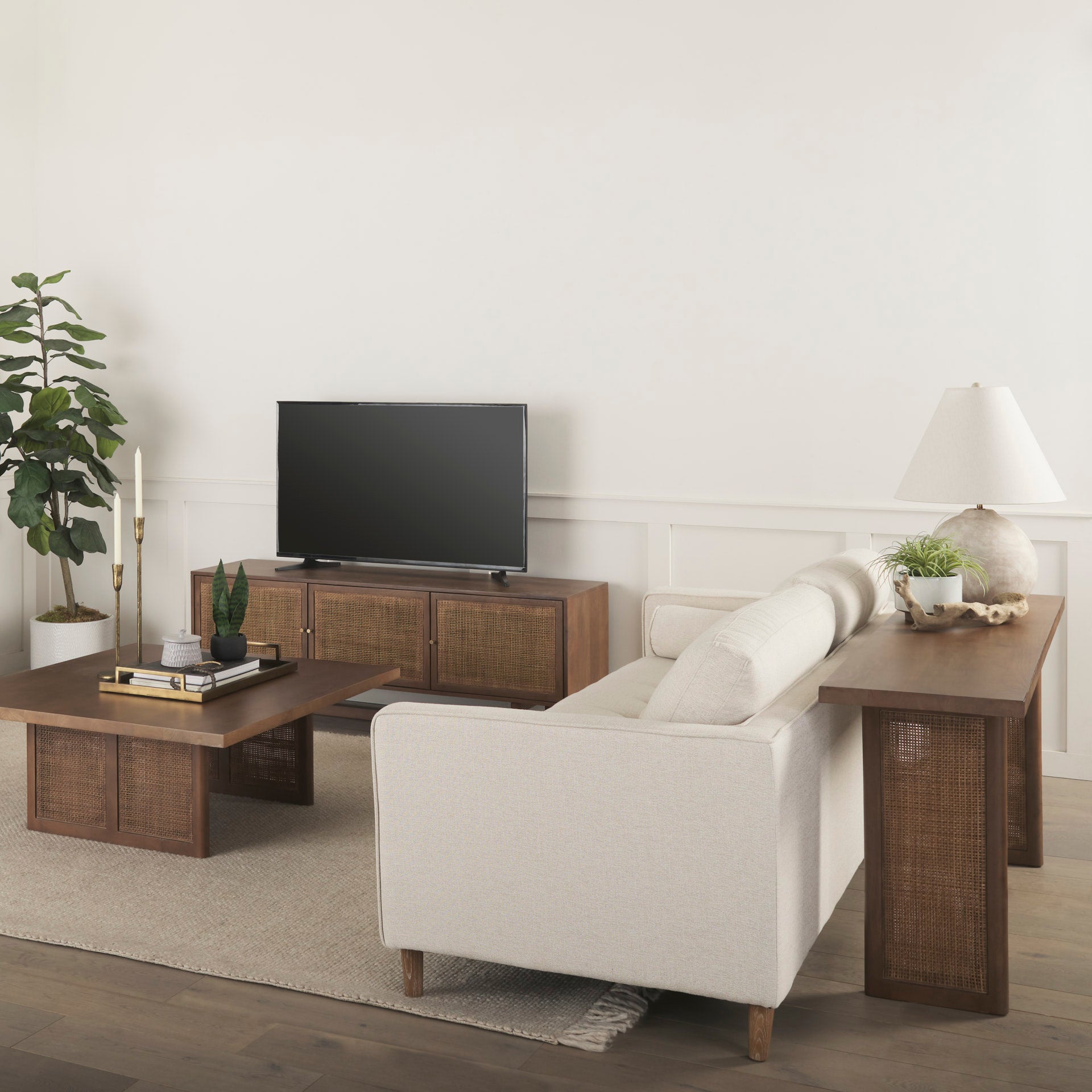 Grier 65.0L x 18.75W x 23.0H Medium Brown Solid Wood W/Cane Media Console - Central Designs