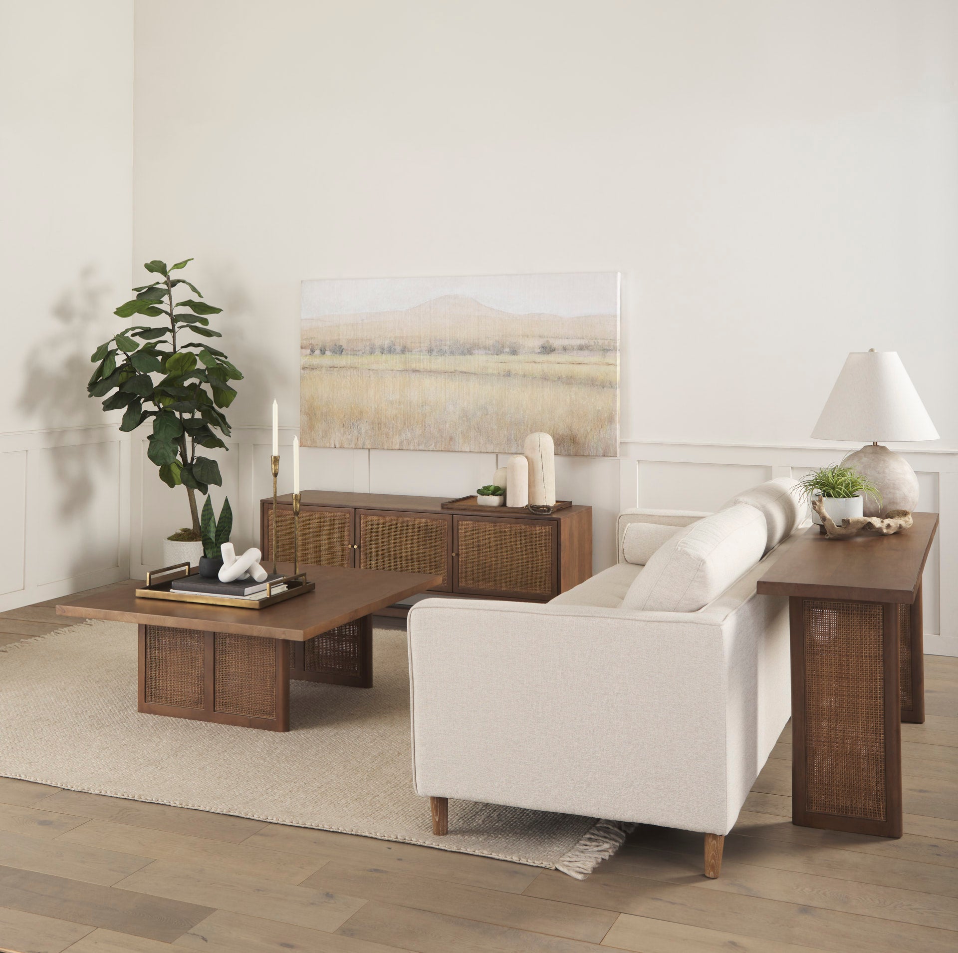Grier 65.0L x 18.75W x 23.0H Medium Brown Solid Wood W/Cane Media Console - Central Designs