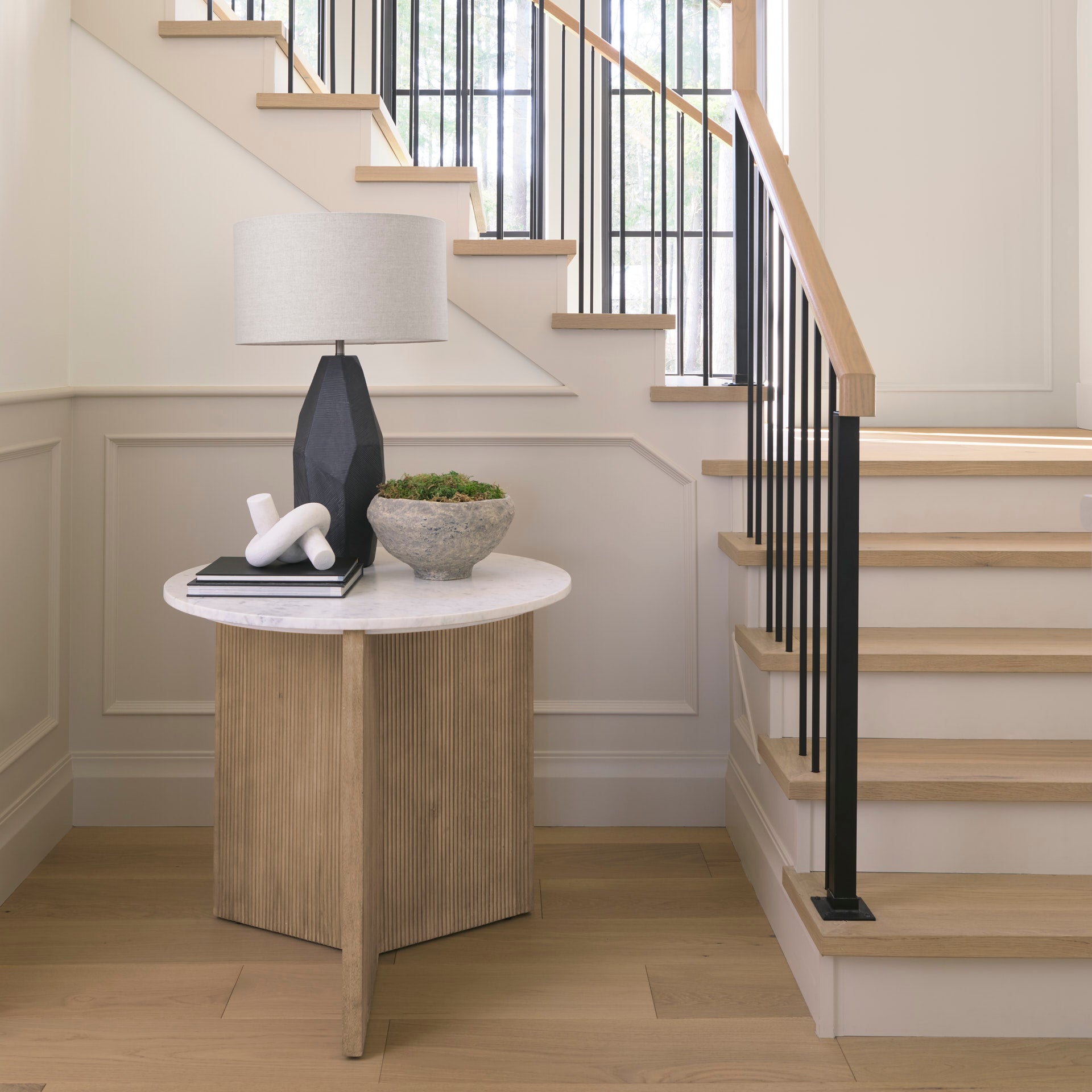 Enzo Marble Tabletop w/ Fluted Light Wood Base Foyer Accent Table - Central Designs