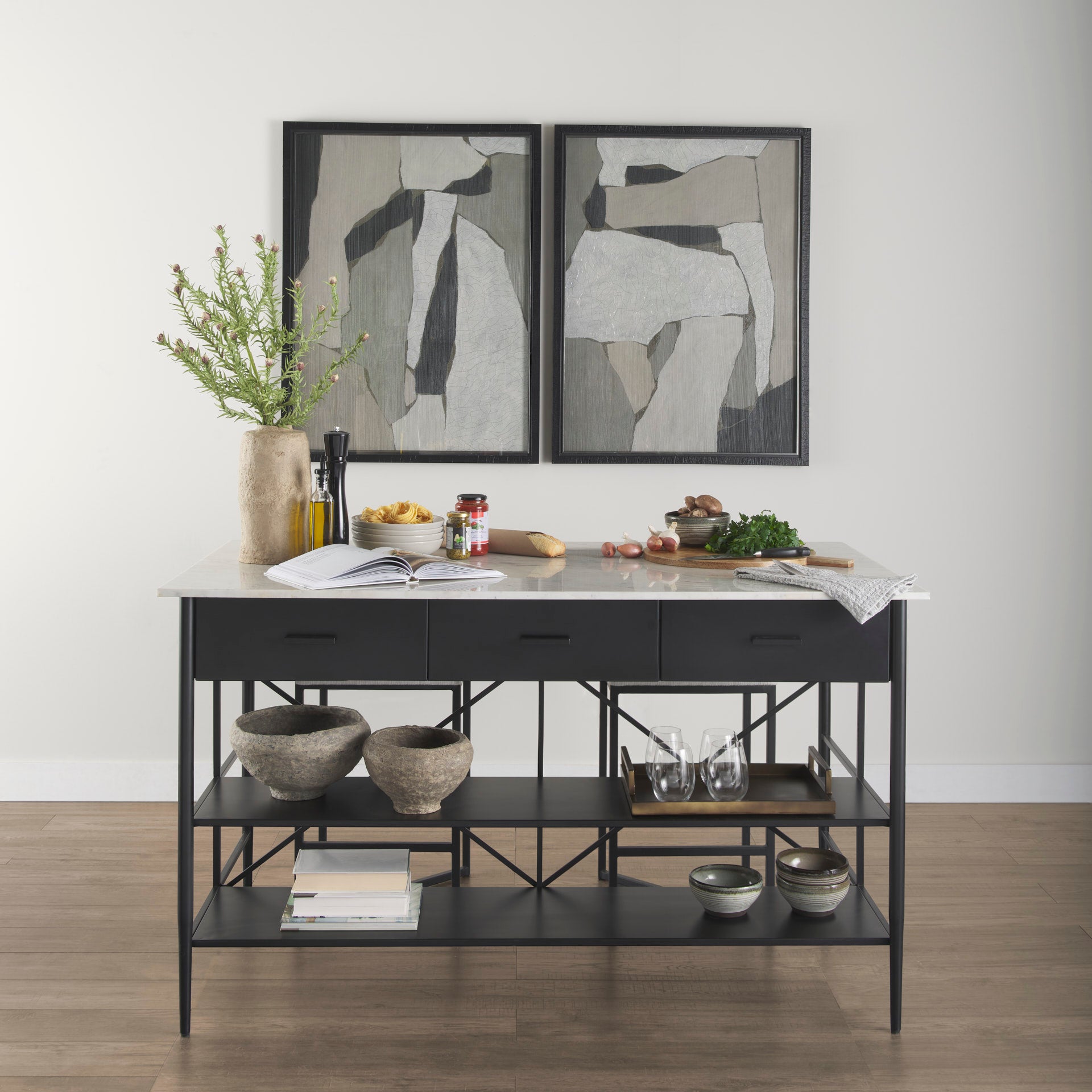 Amika White Marble Top Black Metal Base Kitchen Island - Central Designs