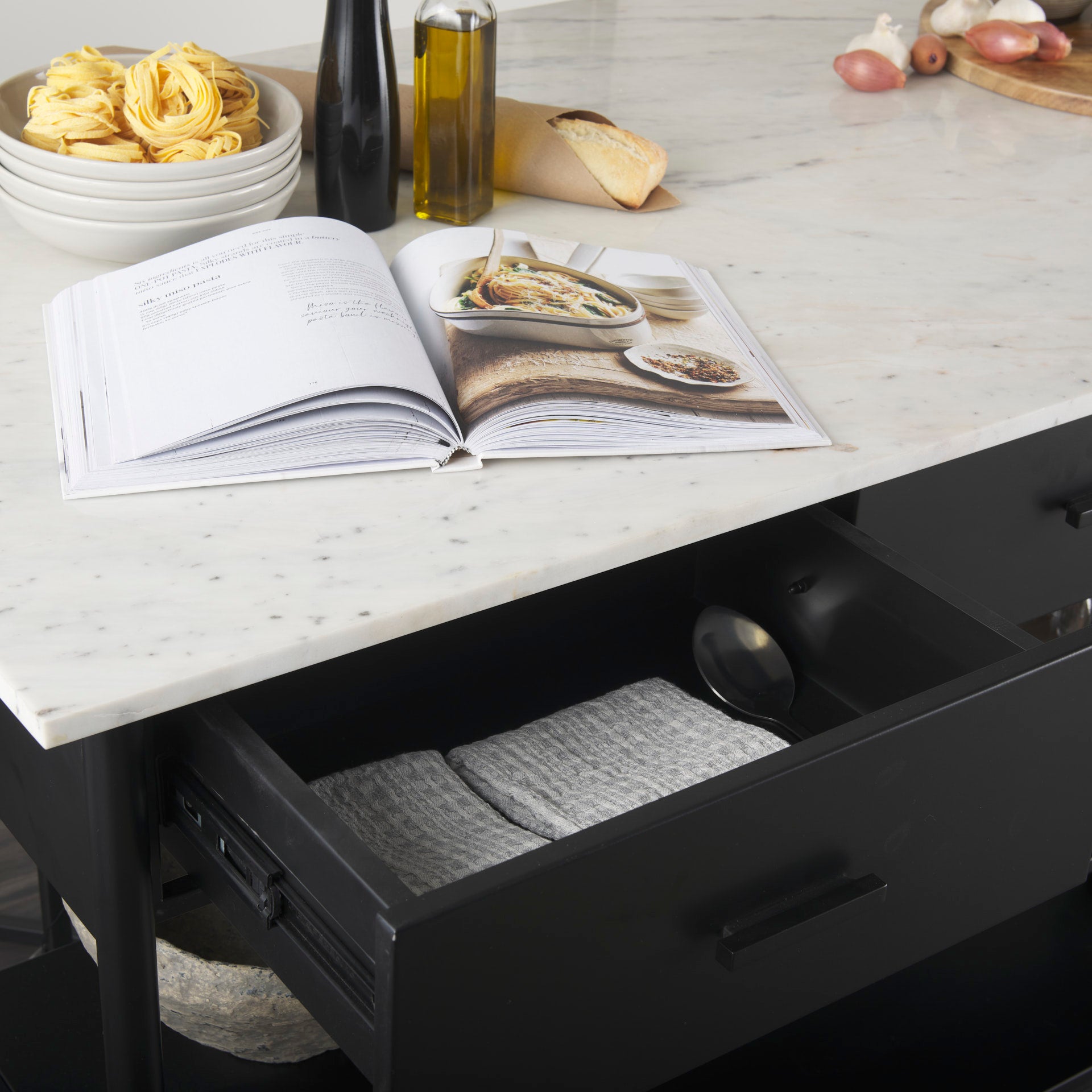 Amika White Marble Top Black Metal Base Kitchen Island - Central Designs