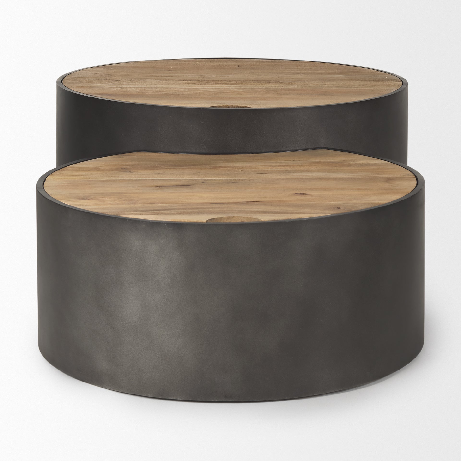 Eclipse Gunmetal Gray Drum Base w/ Brown Wood Top Nested Coffee Table - Central Designs