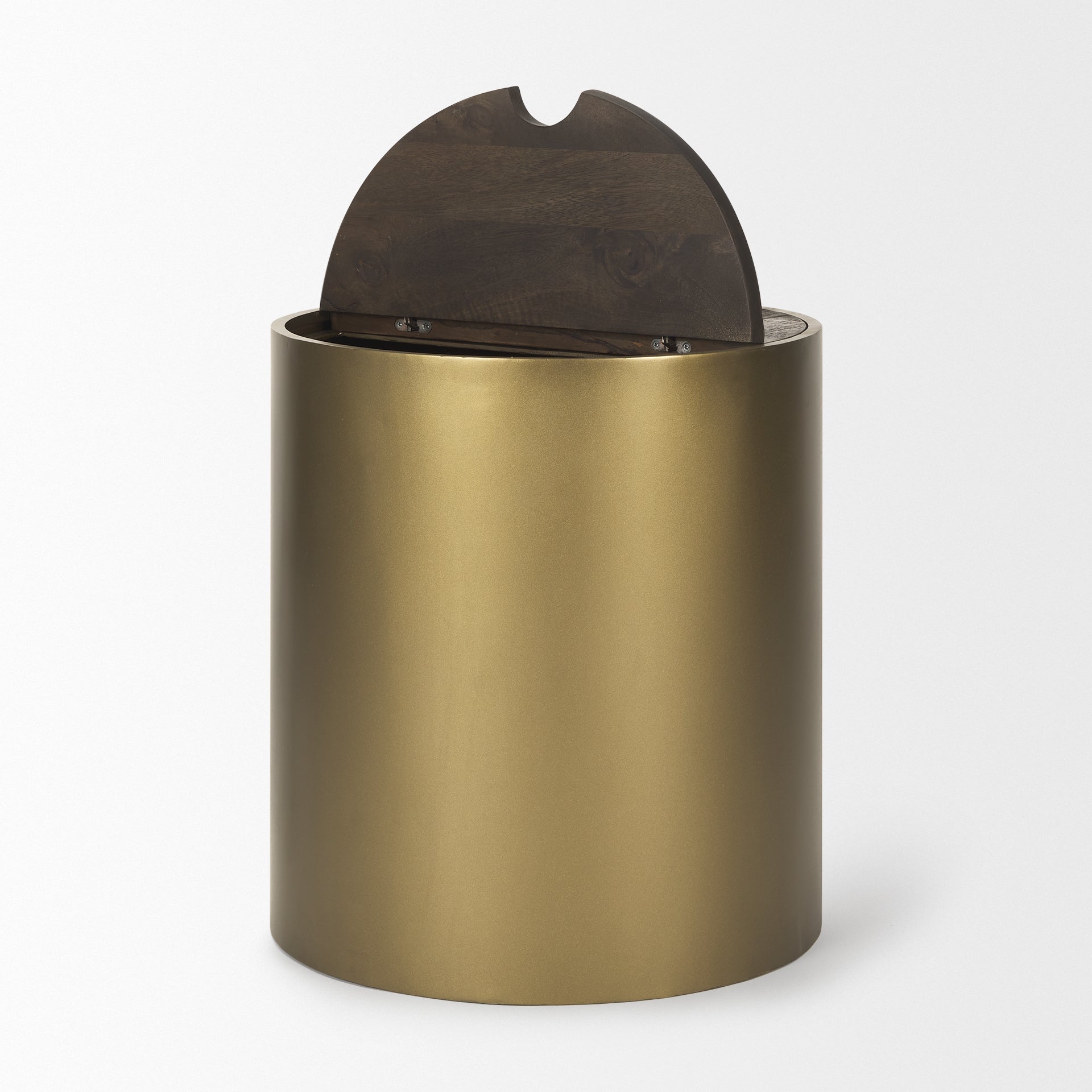 Eclipse Antique Brass Metal Drum Base w/ Dark Brown Wood Top End/Side Table - Central Designs