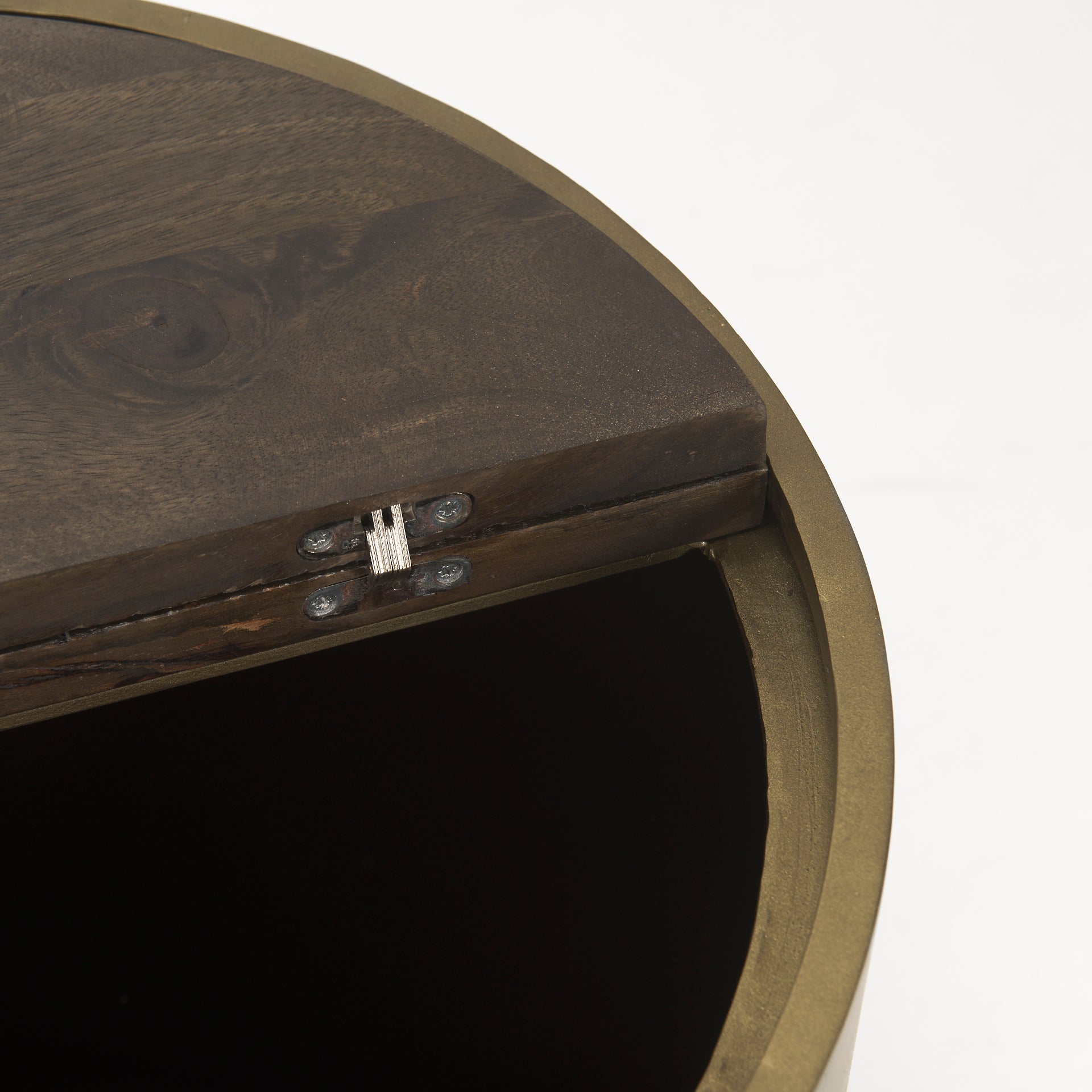 Eclipse Antique Brass Metal Drum Base w/ Dark Brown Wood Top End/Side Table - Central Designs