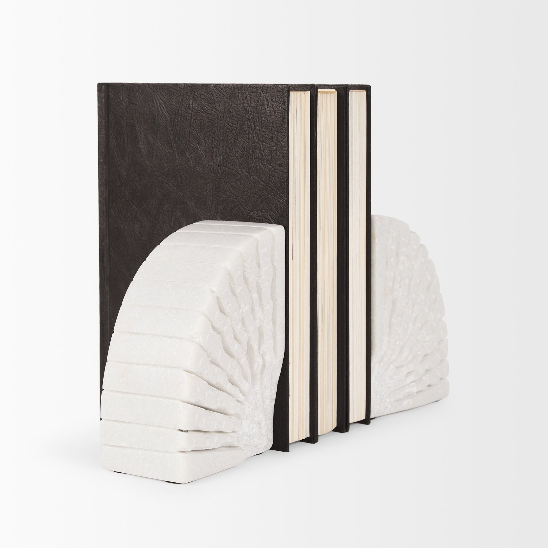 Stept White Marble Bookends w/rough carving (set of 2) - Central Designs