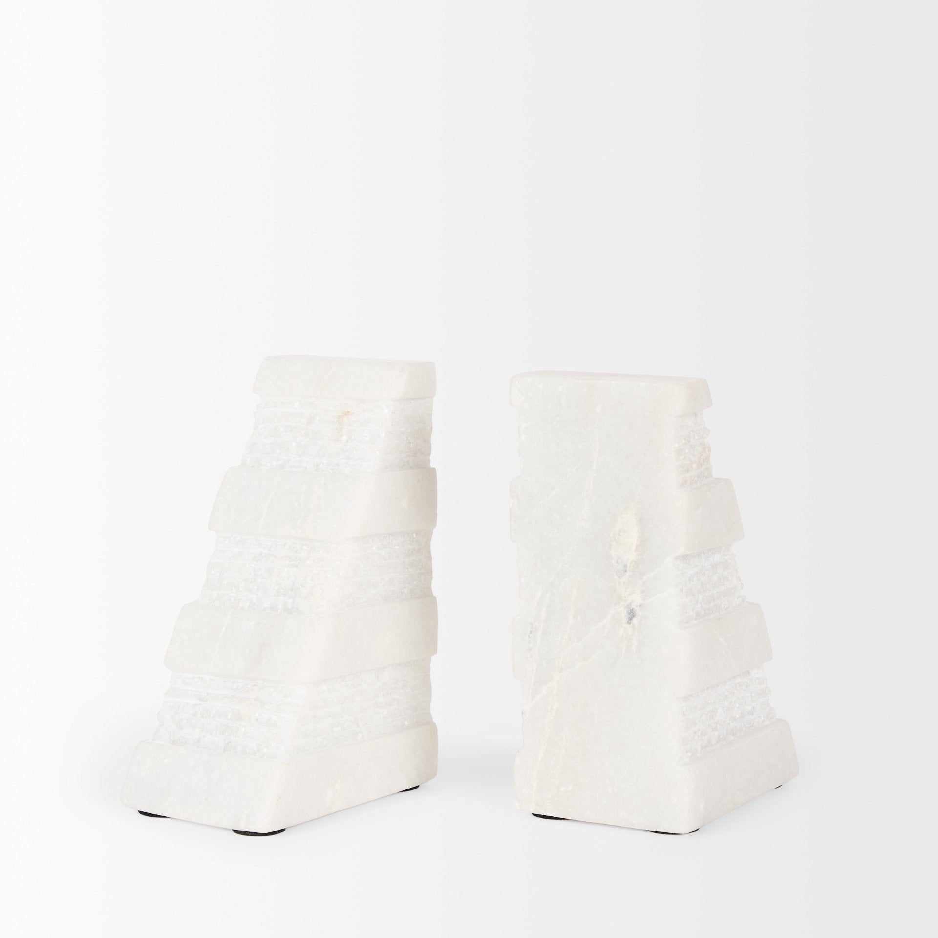Cavetto White Marble Bookends w/rough carving S/2 - Central Designs