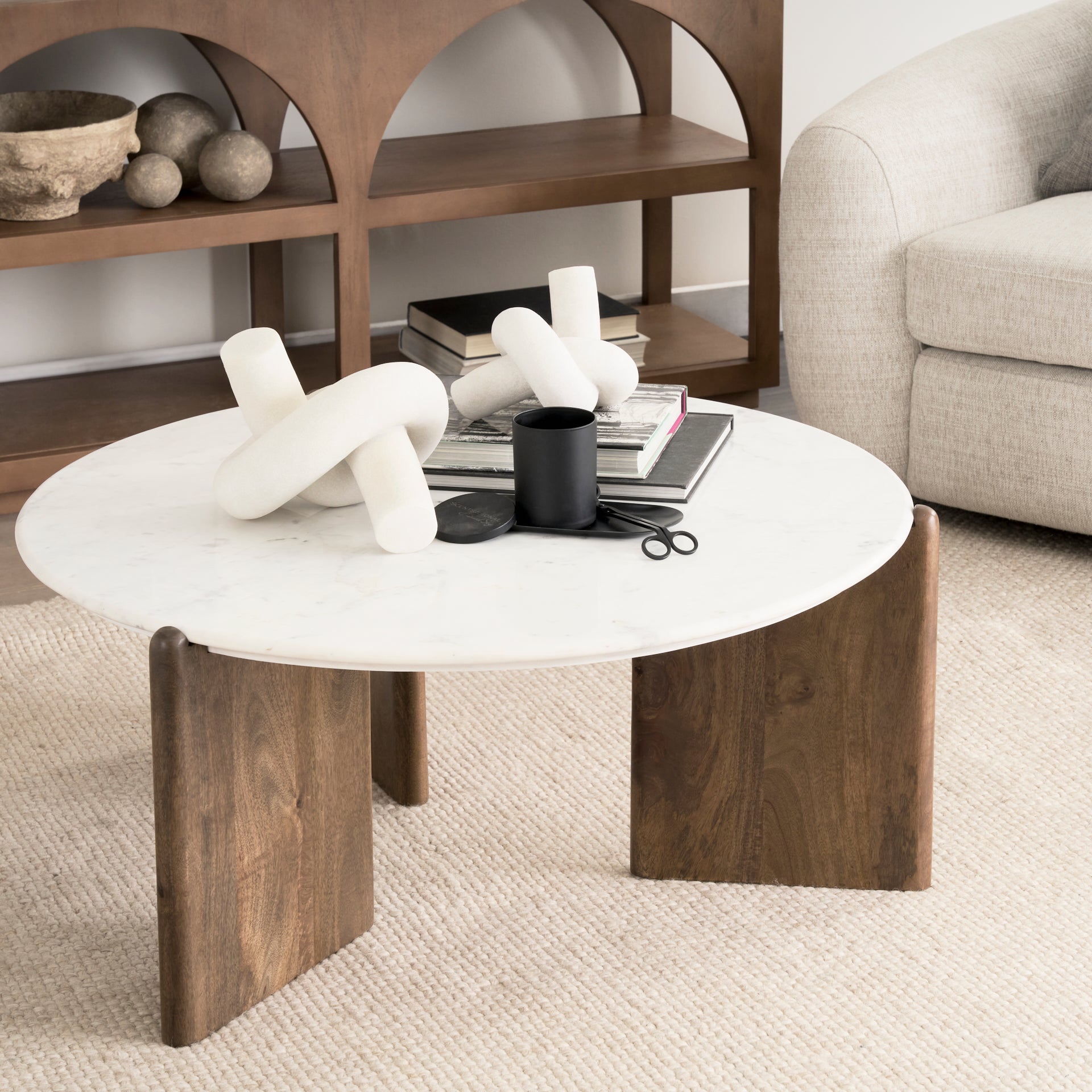 Rumer Dark Brown Wood w/ White Marble Coffee Table - Central Designs