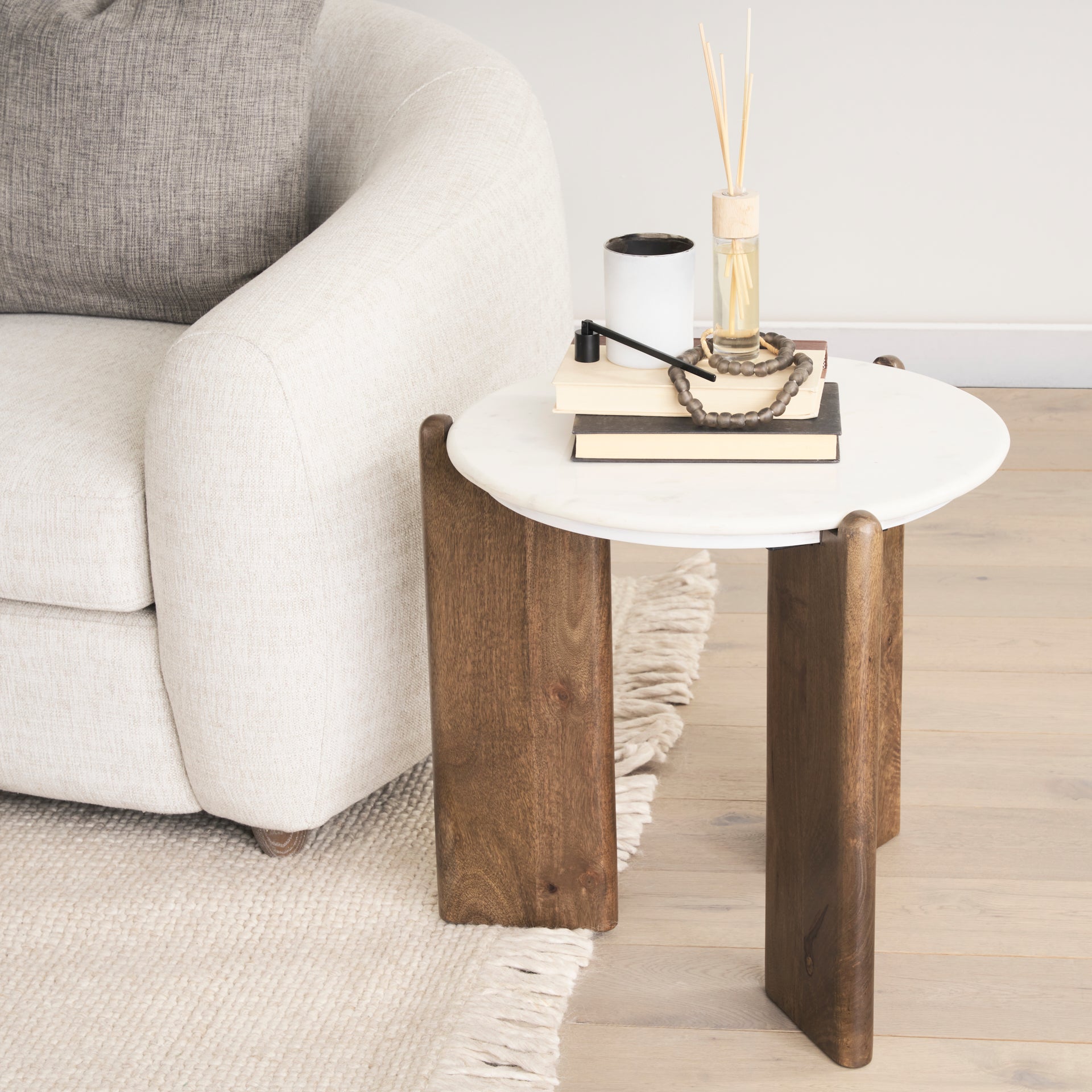 Rumer Dark Brown Wood w/ White Marble Side Table - Central Designs