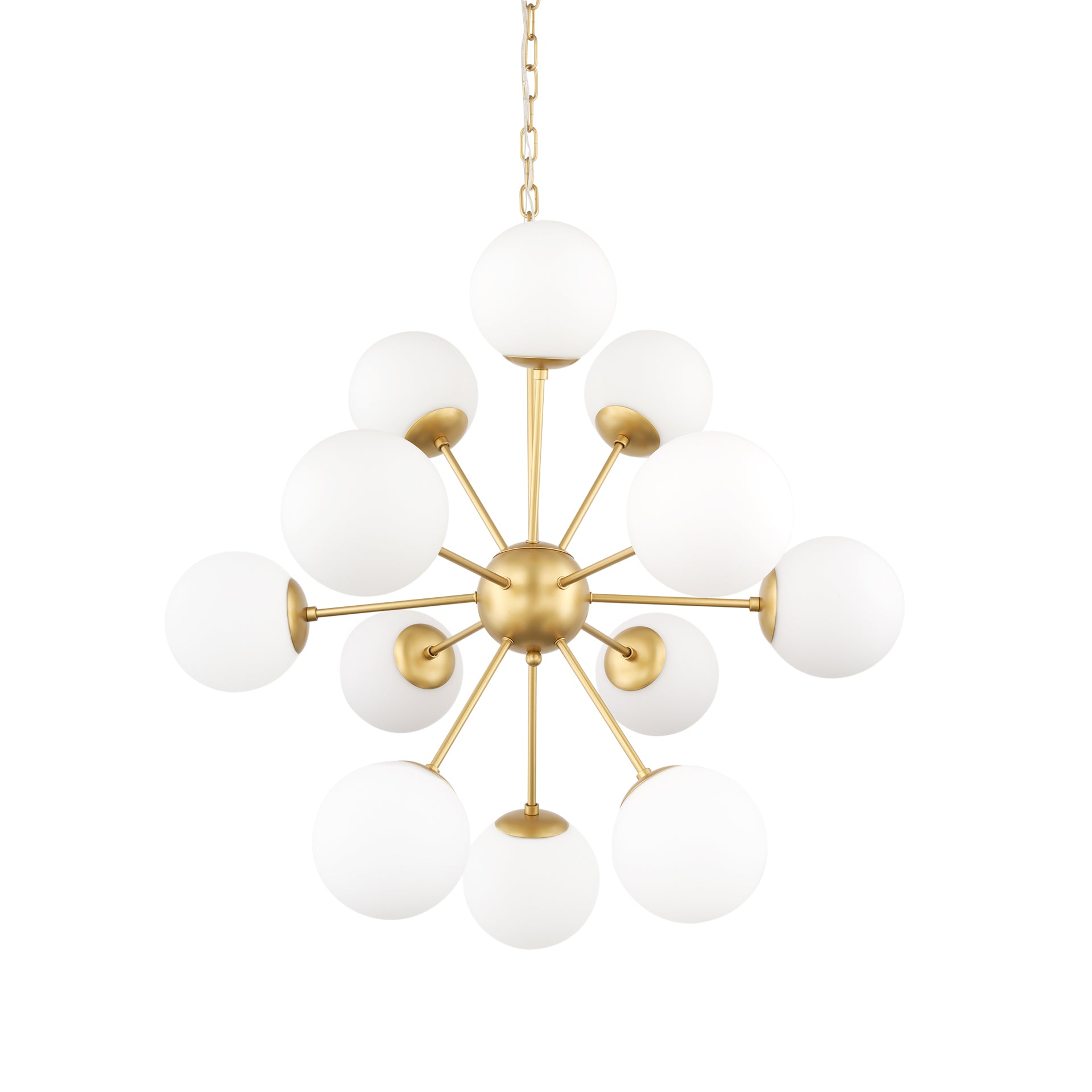 Barbara Brushed Gold Metal w/ Frosted Glass Globes 11 - Light Chandelier - Central Designs