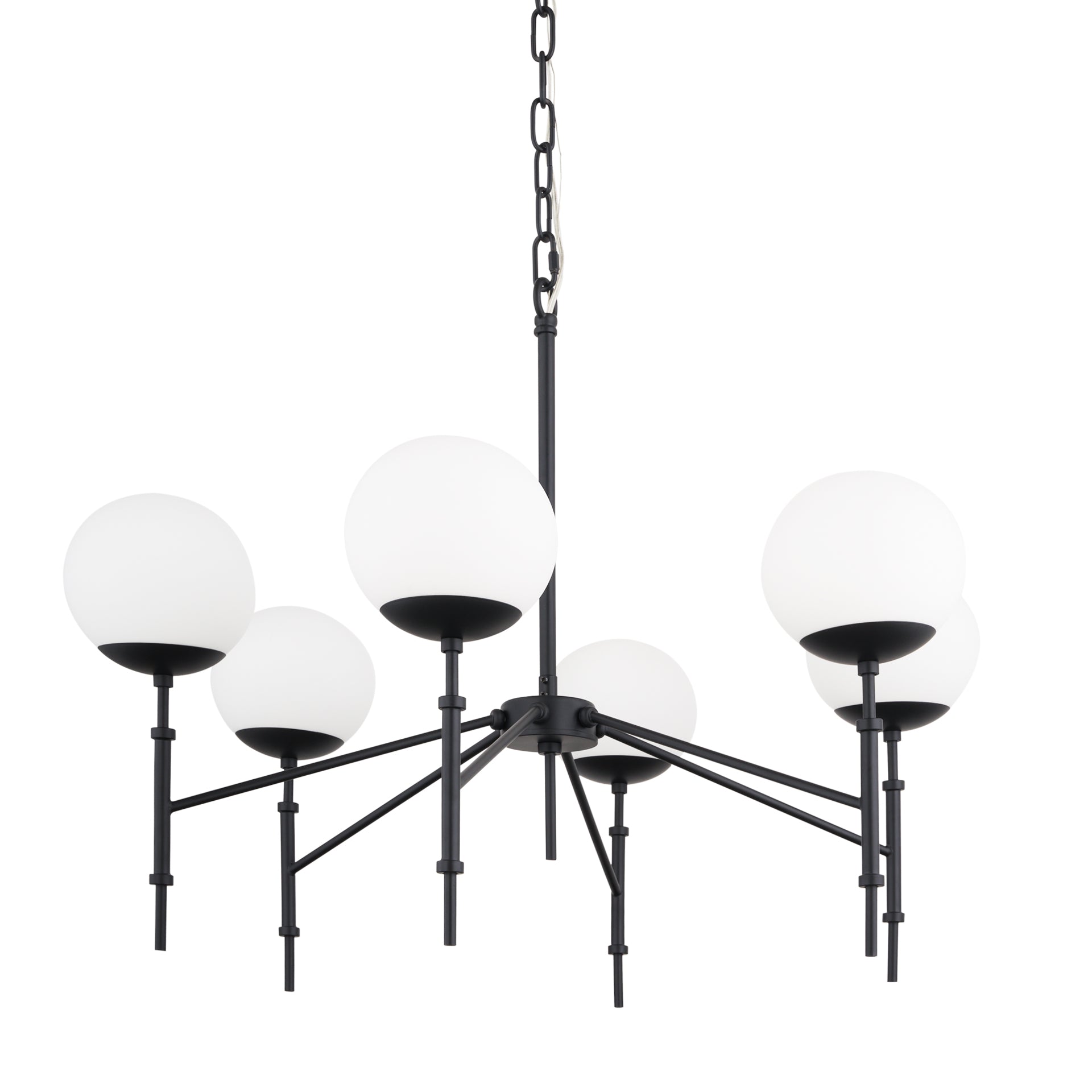 Edie Matte Black Metal w/ Frosted Glass Globes 6 - Light Chandelier - Central Designs